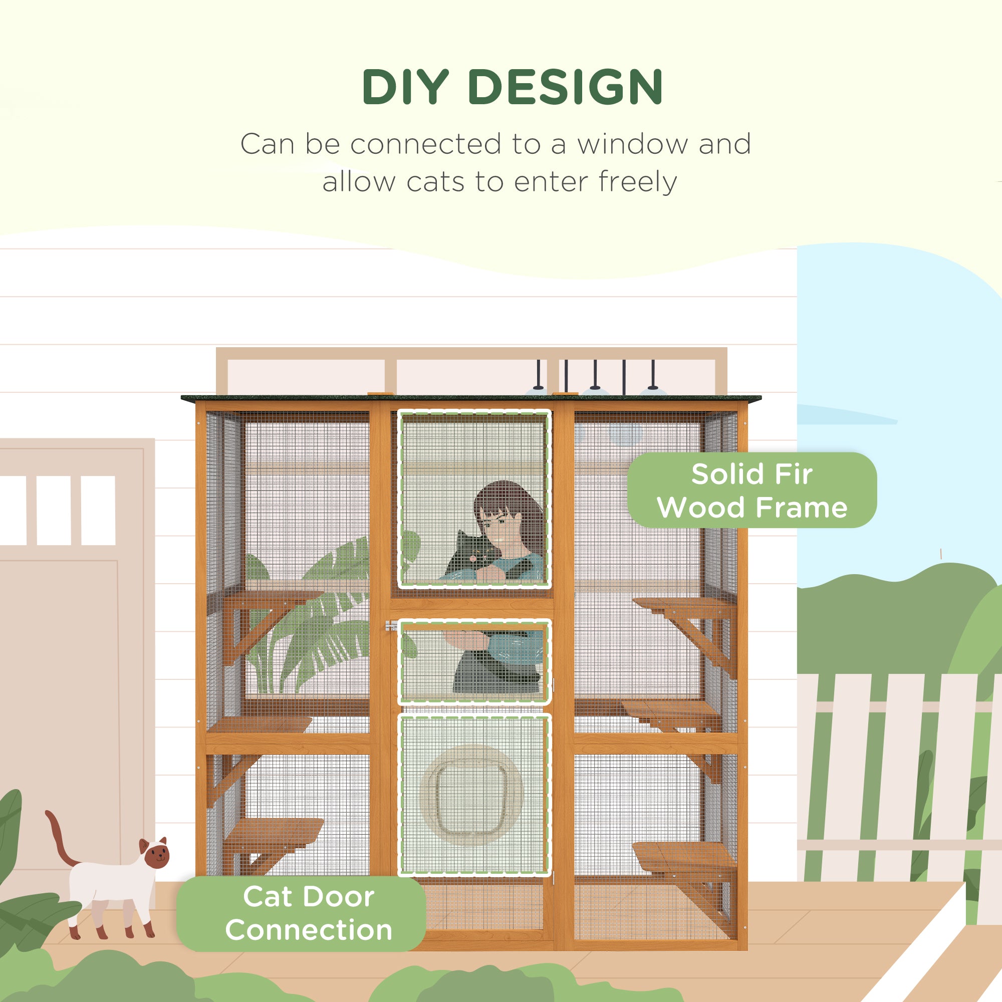 PawHut Large Outdoor Catio Enclosure, Weatherproof Cat House with Asphalt Roof,  Wooden Cat Patio Cage with 6 Balanced Platforms, 71