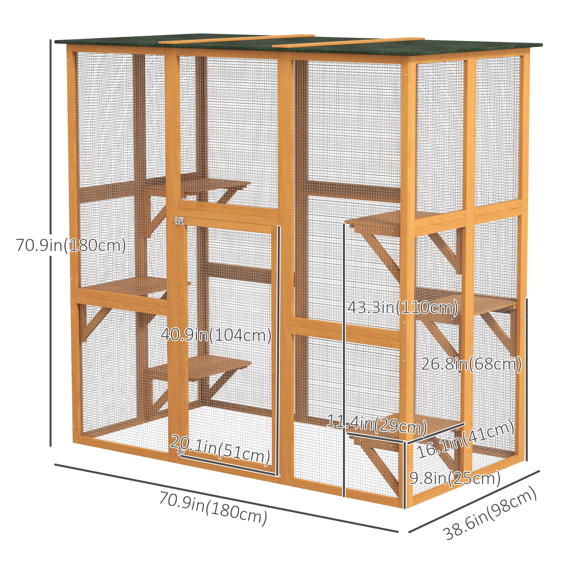 PawHut Large Outdoor Catio Enclosure, Weatherproof Cat House with Asphalt Roof,  Wooden Cat Patio Cage with 6 Balanced Platforms, 71" x 39" x 71", Orange