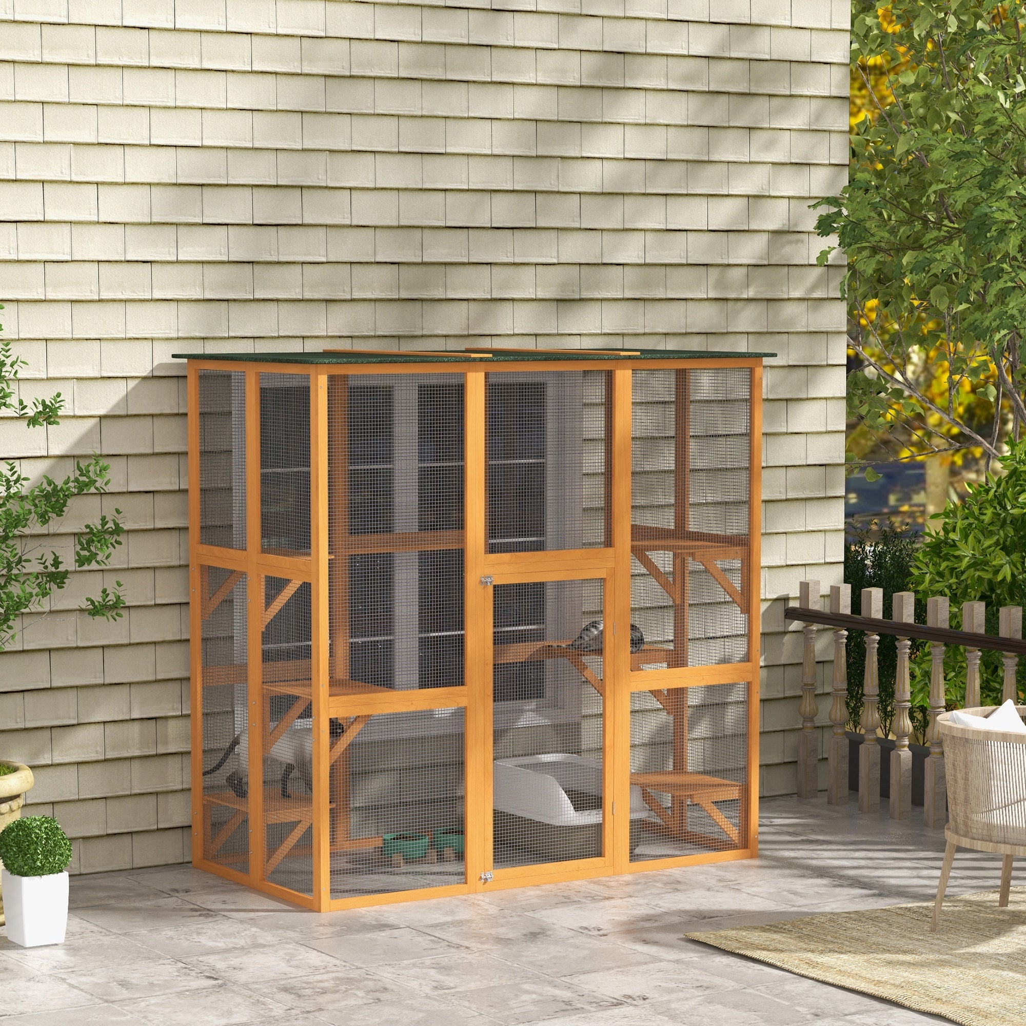 PawHut Large Outdoor Catio Enclosure, Weatherproof Cat House with Asphalt Roof,  Wooden Cat Patio Cage with 6 Balanced Platforms, 71" x 39" x 71", Orange