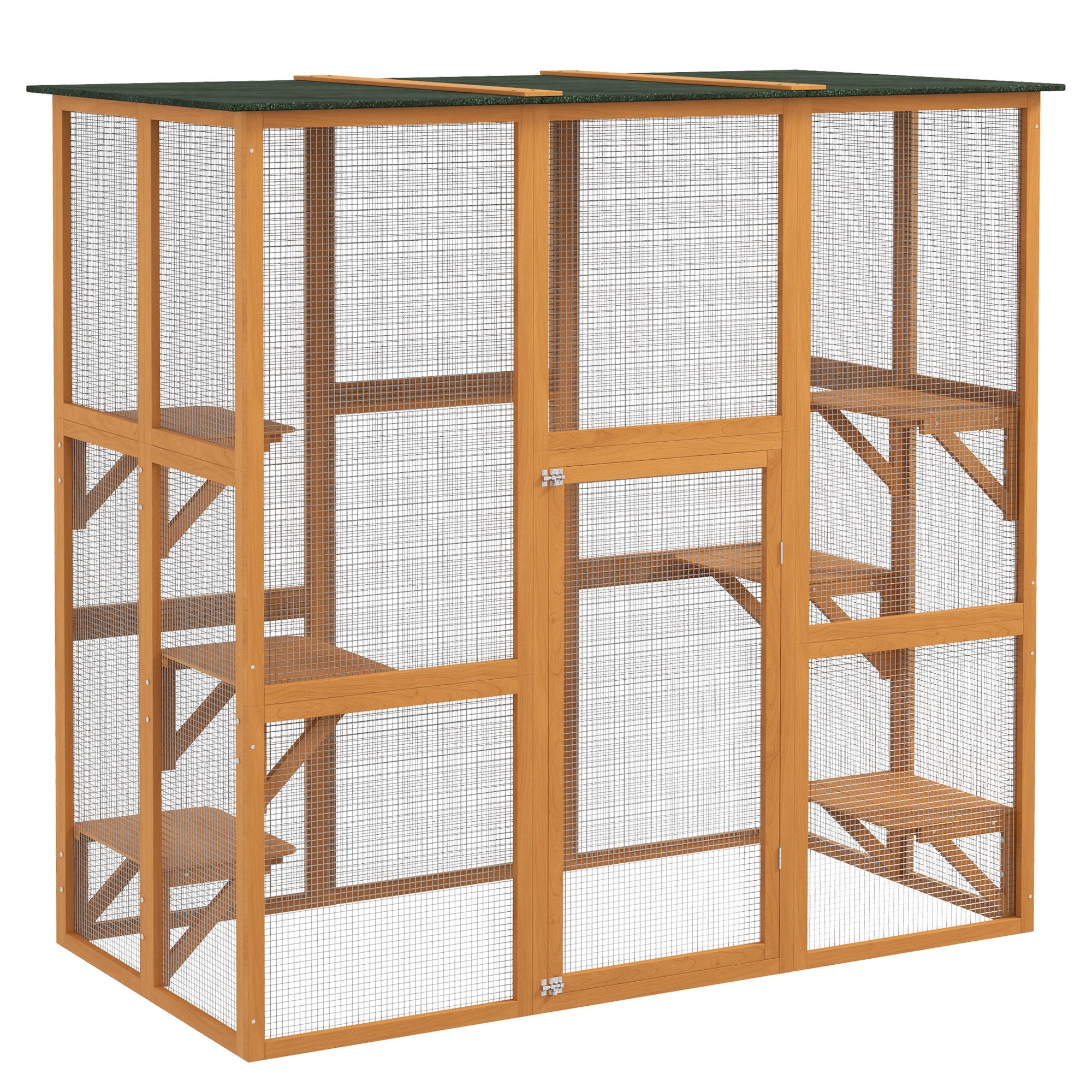 PawHut Large Outdoor Catio Enclosure, Weatherproof Cat House with Asphalt Roof,  Wooden Cat Patio Cage with 6 Balanced Platforms, 71" x 39" x 71", Orange