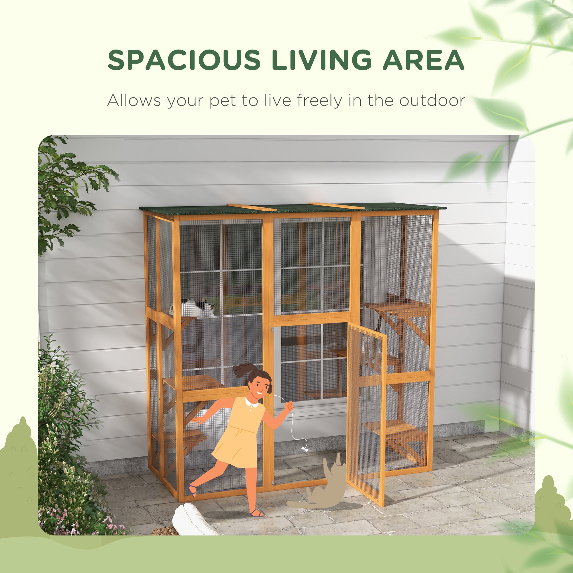 PawHut Large Outdoor Catio Enclosure, Weatherproof Cat House with Asphalt Roof,  Wooden Cat Patio Cage with 6 Balanced Platforms, 71