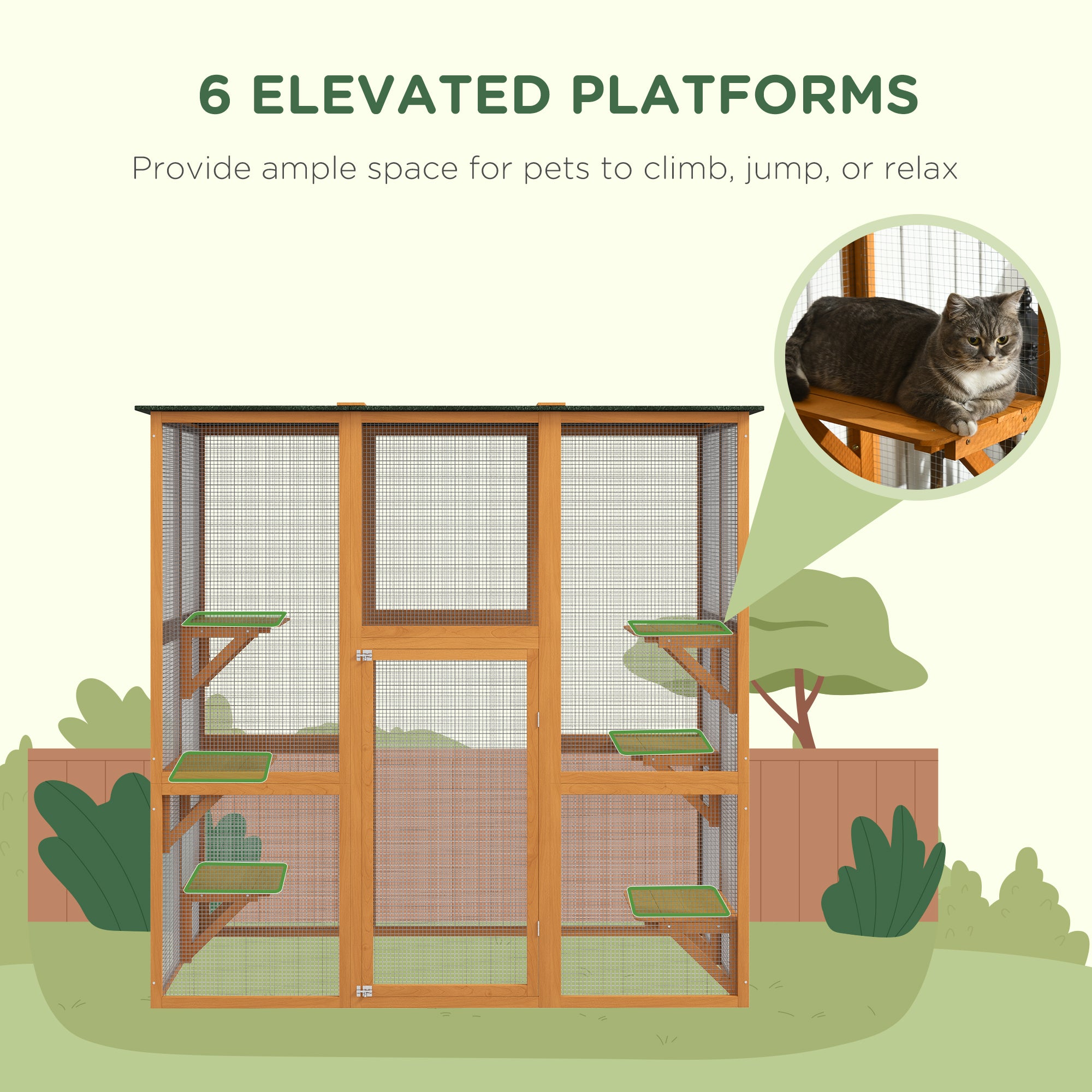PawHut Large Outdoor Catio Enclosure, Weatherproof Cat House with Asphalt Roof,  Wooden Cat Patio Cage with 6 Balanced Platforms, 71