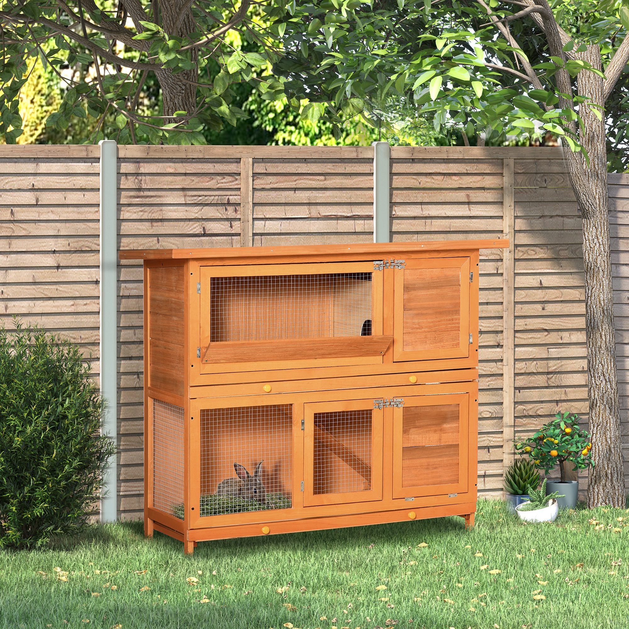 PawHut Large Rabbit Hutch Outdoor, Wooden Guinea Pig Hutch, Pet Cage House Bunny Home, with Rabbit Run, Double Decker 122 x 48 x 100 cm