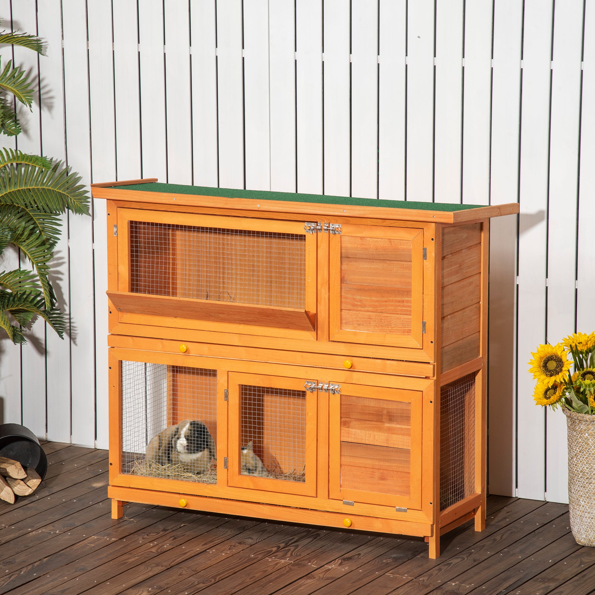 PawHut 2 Tier Elevated Wooden Rabbit Hutch Bunny House Small Animal Cage 47"L x 19"W x 39"H w/ Sliding-Out Tray