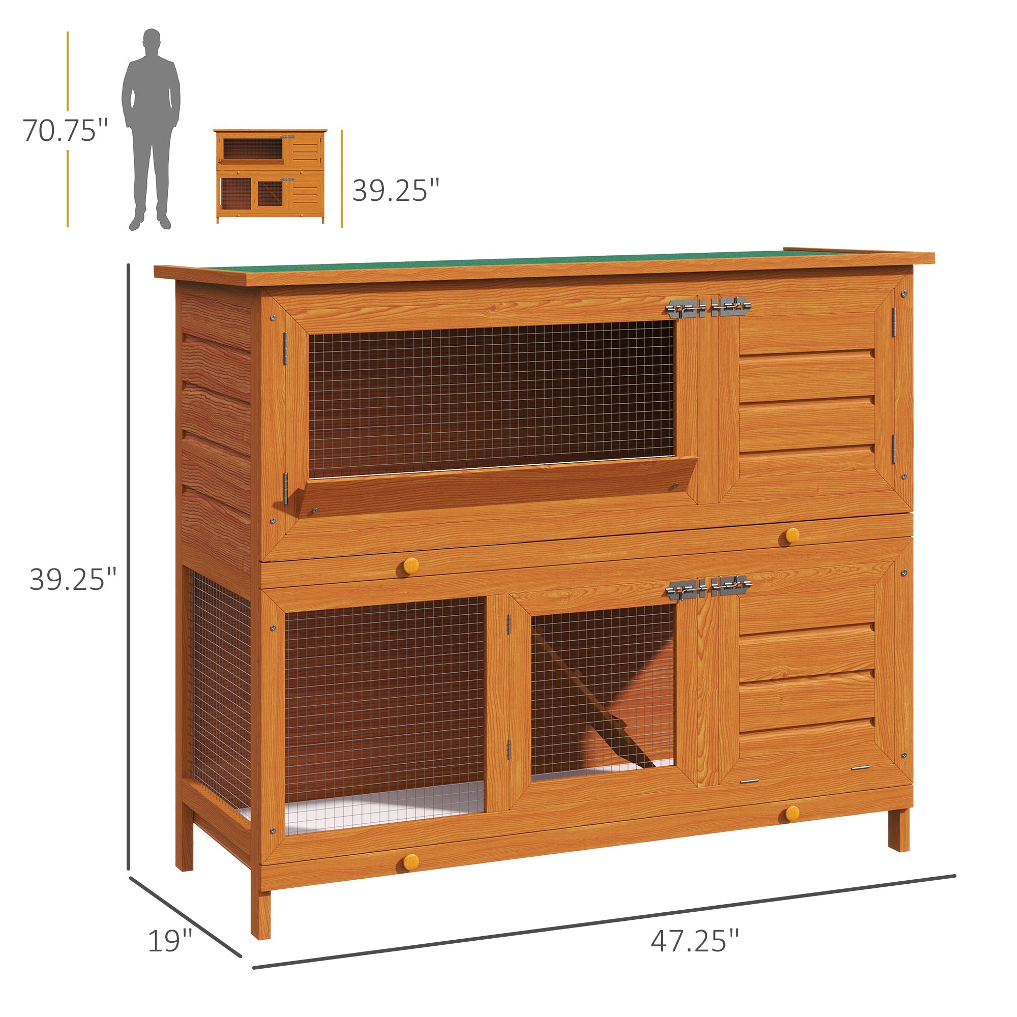 PawHut 2 Tier Elevated Wooden Rabbit Hutch Bunny House Small Animal Cage 47"L x 19"W x 39"H w/ Sliding-Out Tray
