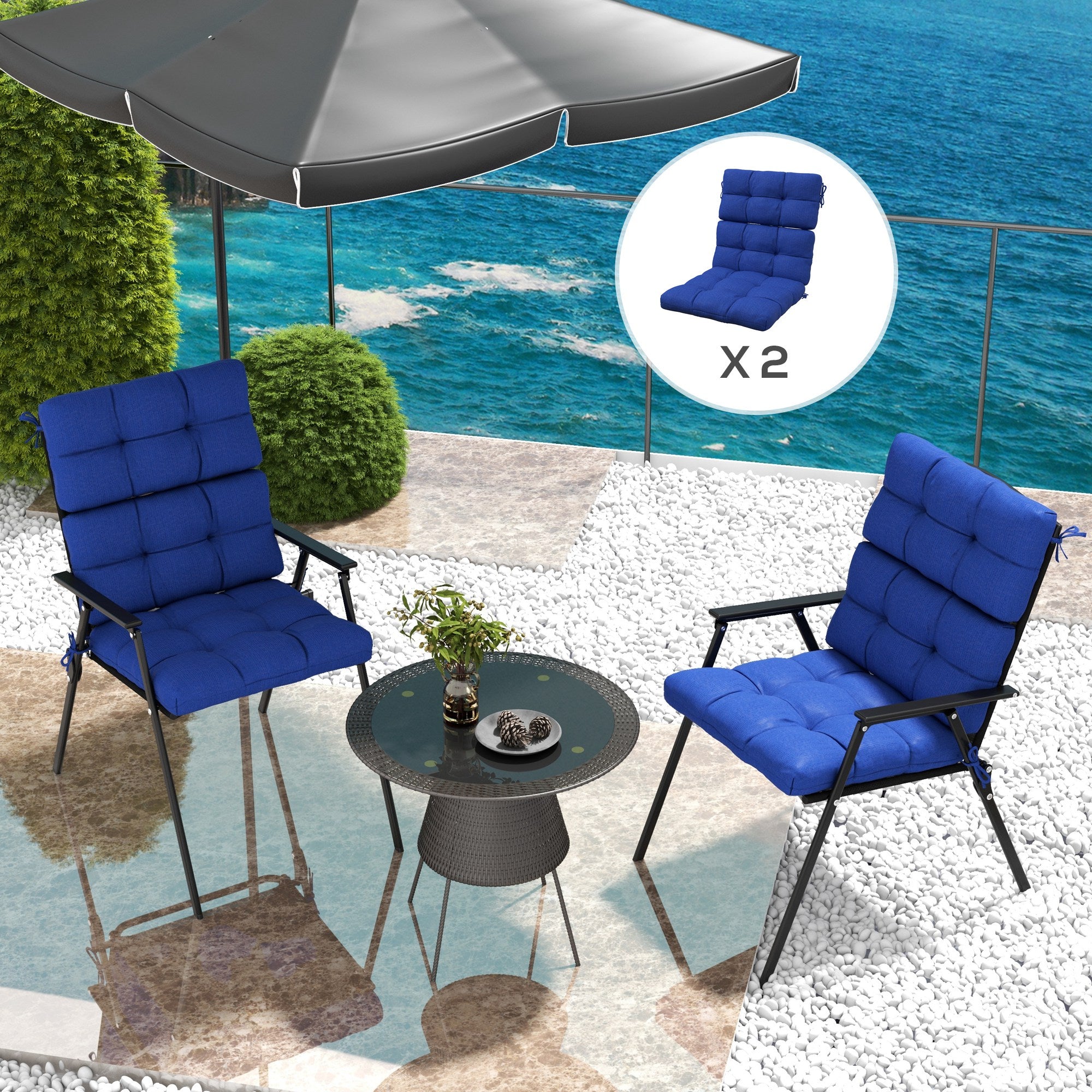 Outsunny 2-Piece Patio Chair Cushions Pillows, Seat Replacement Patio Cushions Set with Ties, Backrest Button Tufted for Indoor Outdoor Garden Furniture, Navy Blue