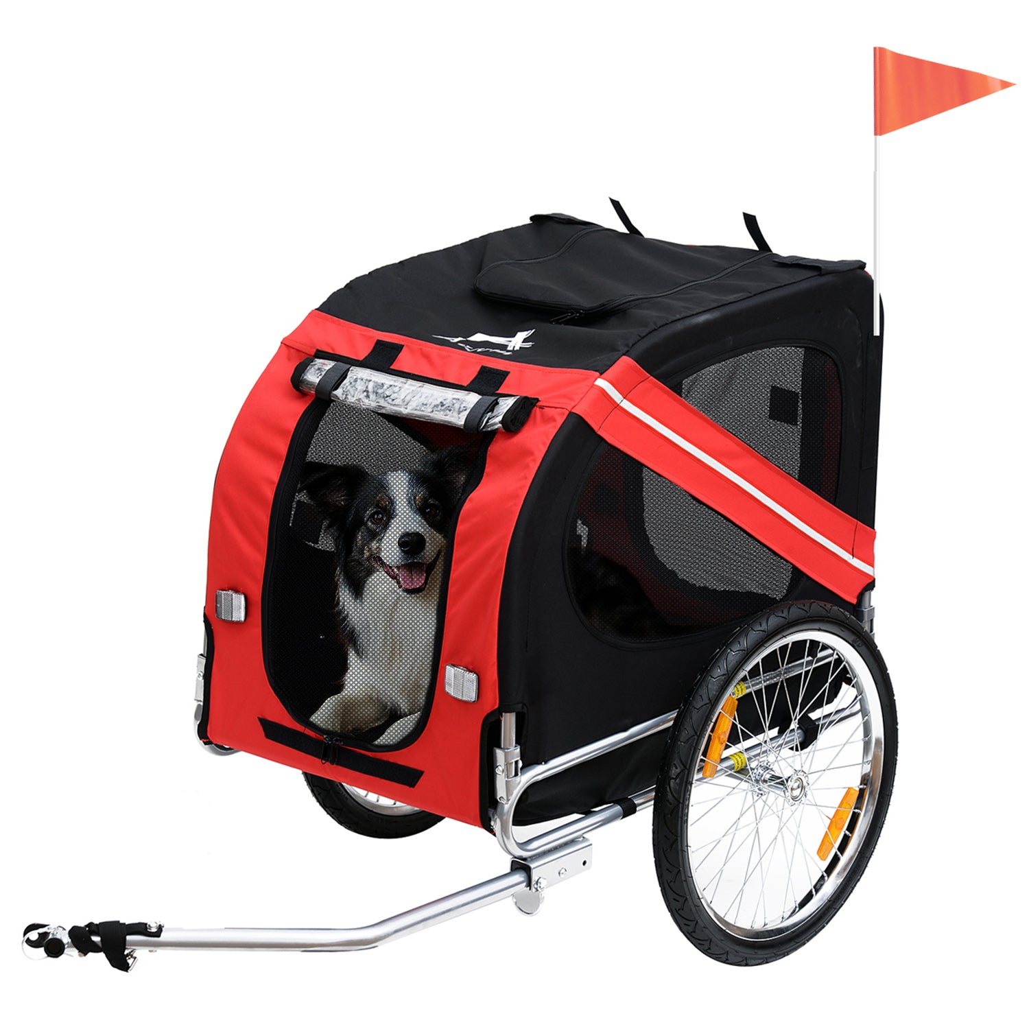 Aosom Dog Bike Trailer Pet Cart Bicycle Wagon Cargo Carrier Attachment for Travel with 3 Entrances Large Wheels for Off-Road & Mesh Screen, Red/ Black