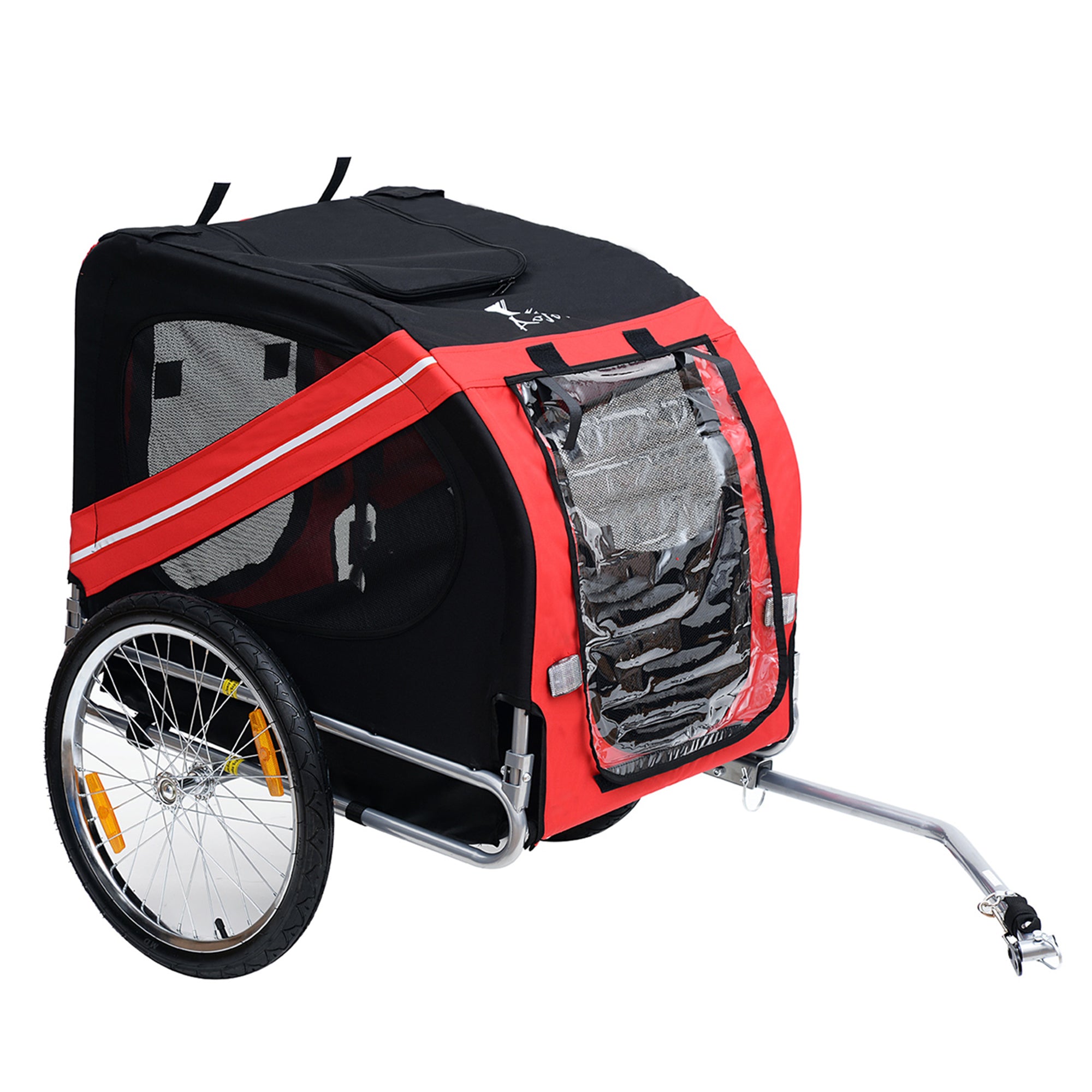 Aosom Dog Bike Trailer Pet Cart Bicycle Wagon Cargo Carrier Attachment for Travel with 3 Entrances Large Wheels for Off-Road & Mesh Screen, Red/ Black