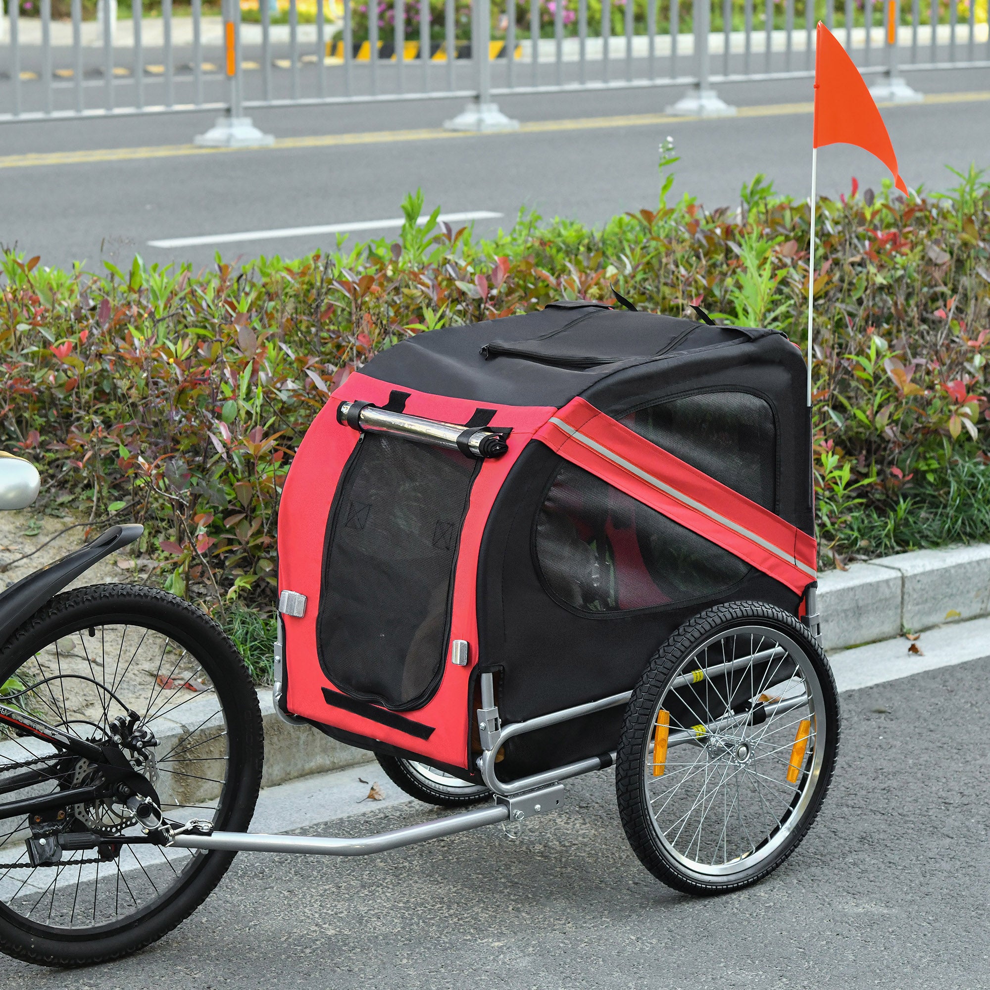 Aosom Dog Bike Trailer Pet Cart Bicycle Wagon Cargo Carrier Attachment for Travel with 3 Entrances Large Wheels for Off-Road & Mesh Screen, Red/ Black