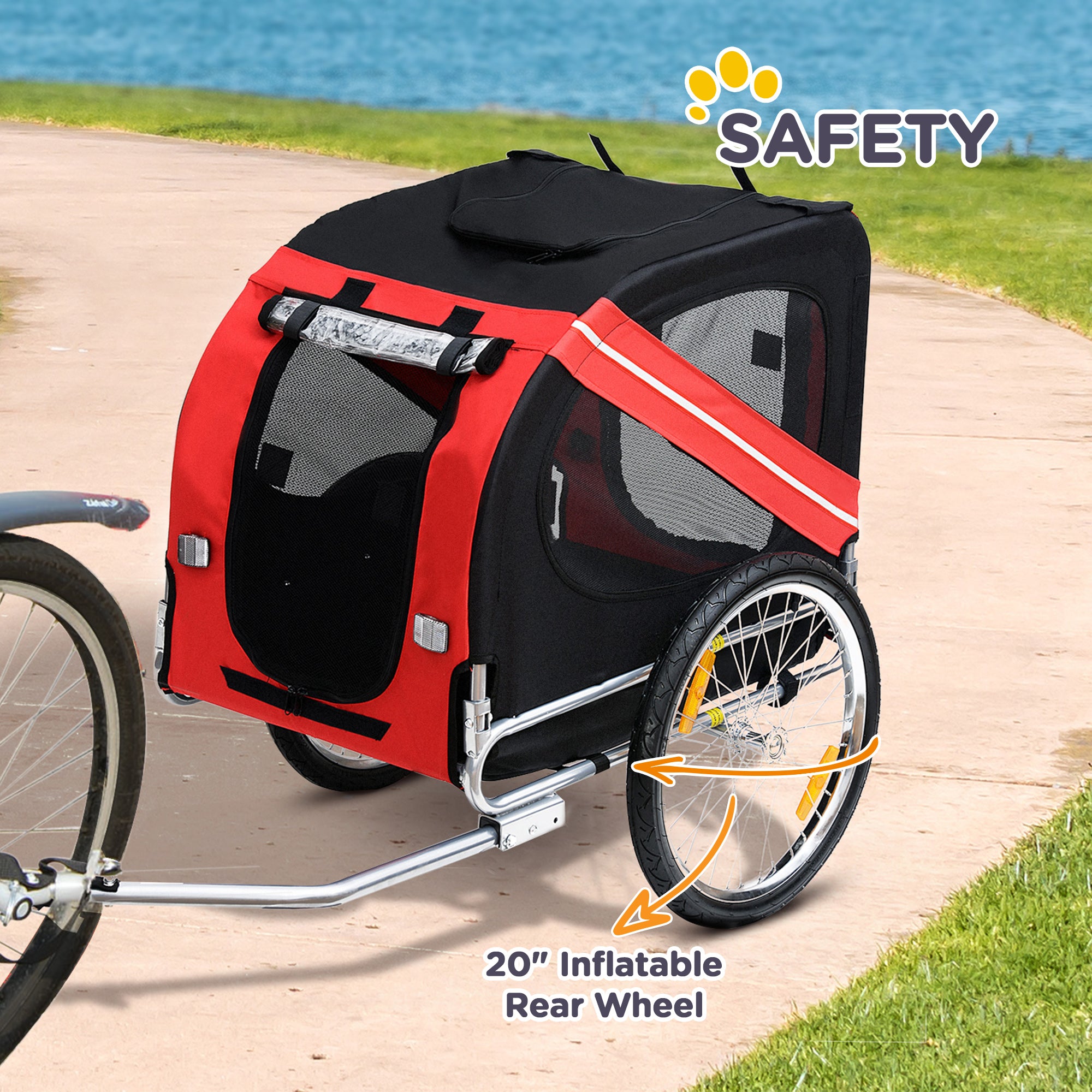 Aosom Dog Bike Trailer Pet Cart Bicycle Wagon Cargo Carrier Attachment for Travel with 3 Entrances Large Wheels for Off-Road & Mesh Screen, Red/ Black