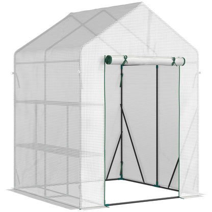 Outsunny 56" x 56" Walk-in Greenhouse for Outdoor, Portable Gardening Plant Hot House with 2-Tier Shelf, Roll-Up Zippered Door, PE Cover, Green