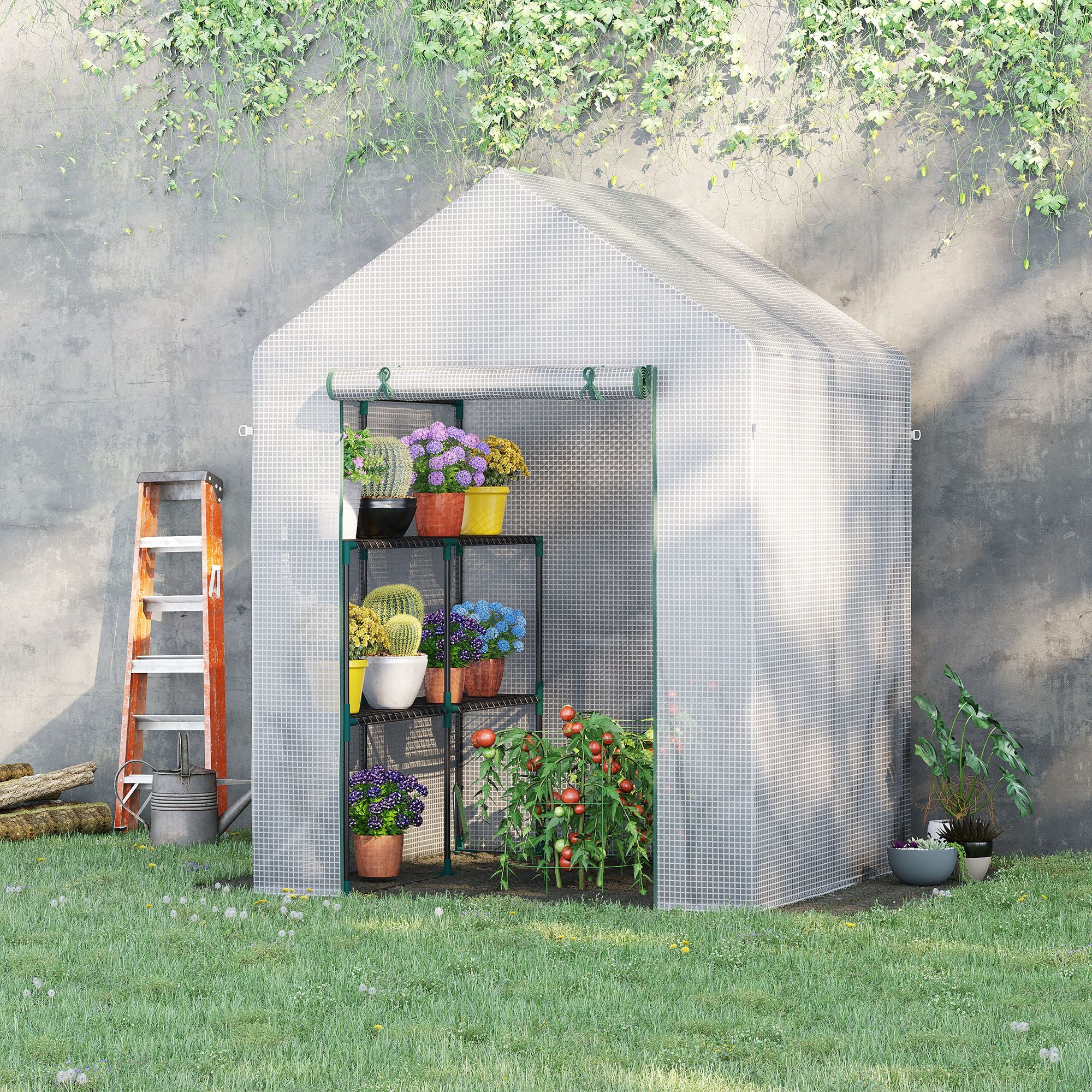 Outsunny 56" x 56" Walk-in Greenhouse for Outdoor, Portable Gardening Plant Hot House with 2-Tier Shelf, Roll-Up Zippered Door, PE Cover, Green