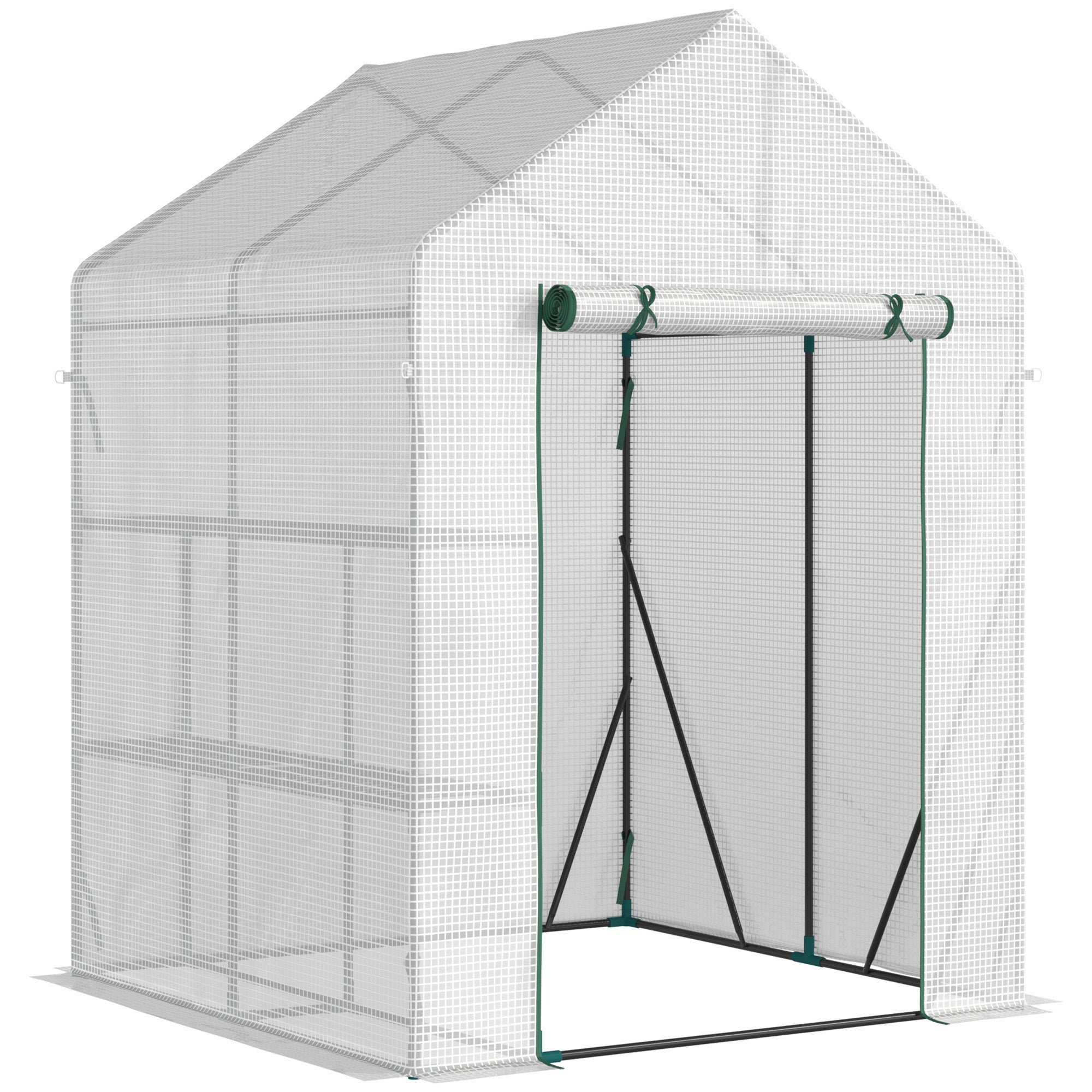 Outsunny 56" x 56" Walk-in Greenhouse for Outdoor, Portable Gardening Plant Hot House with 2-Tier Shelf, Roll-Up Zippered Door, PE Cover, Green