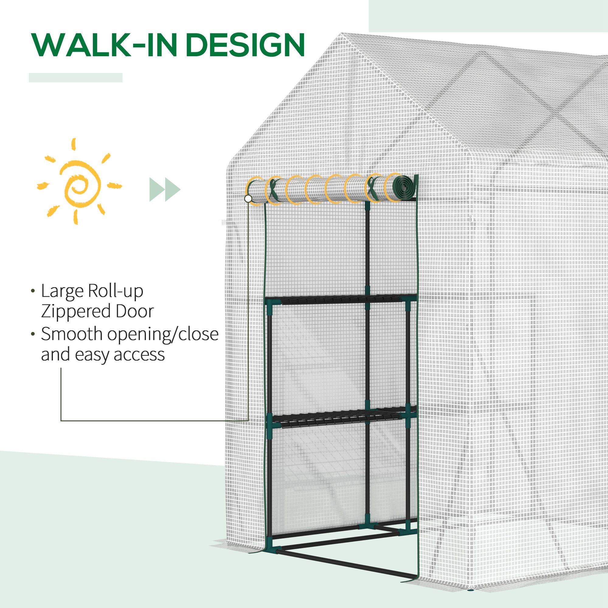 Outsunny 56" x 56" Walk-in Greenhouse for Outdoor, Portable Gardening Plant Hot House with 2-Tier Shelf, Roll-Up Zippered Door, PE Cover, Green