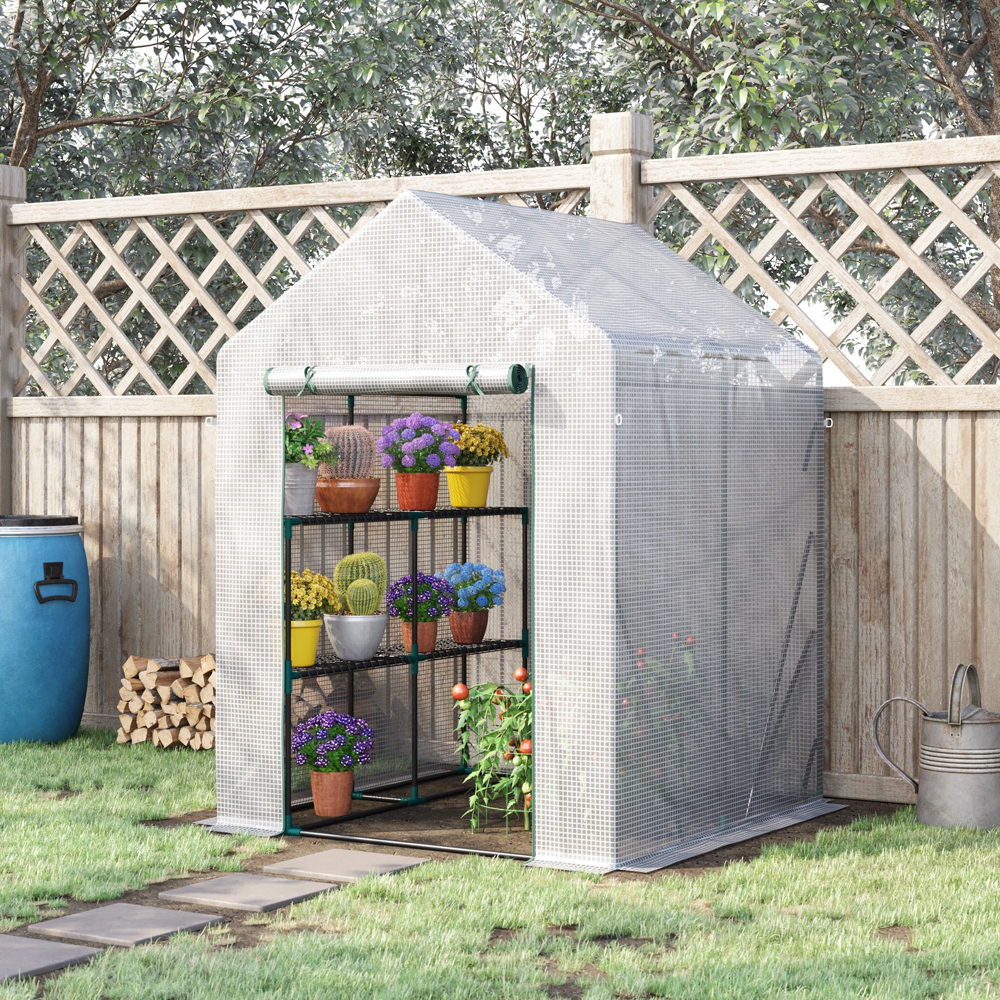 Outsunny 56" x 56" Walk-in Greenhouse for Outdoor, Portable Gardening Plant Hot House with 2-Tier Shelf, Roll-Up Zippered Door, PE Cover, Green