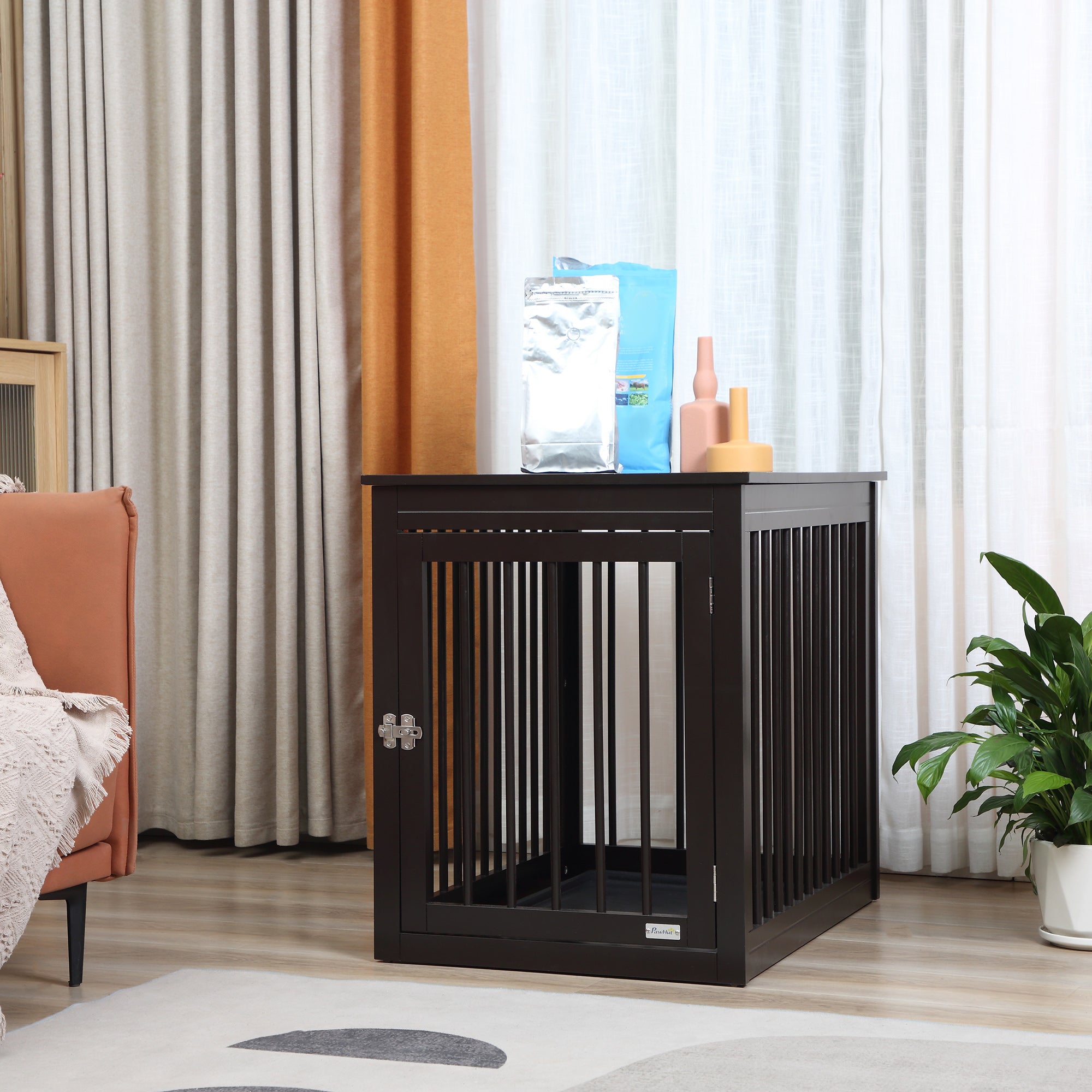 PawHut Wooden Dog Crate Furniture, Puppy Kennel End Table, Decorative Pet House with Front Door, Safety Lock, for Small & Medium Sized Dog, Coffee