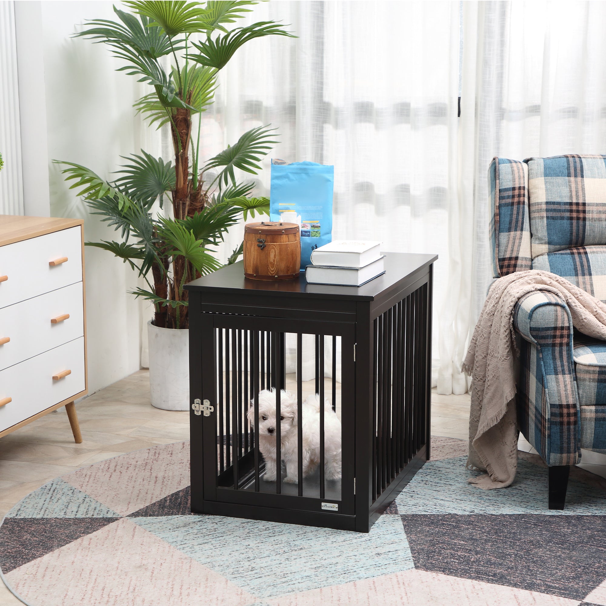 PawHut Wooden Dog Crate Furniture, Puppy Kennel End Table, Decorative Pet House with Front Door, Safety Lock, for Small & Medium Sized Dog, Coffee