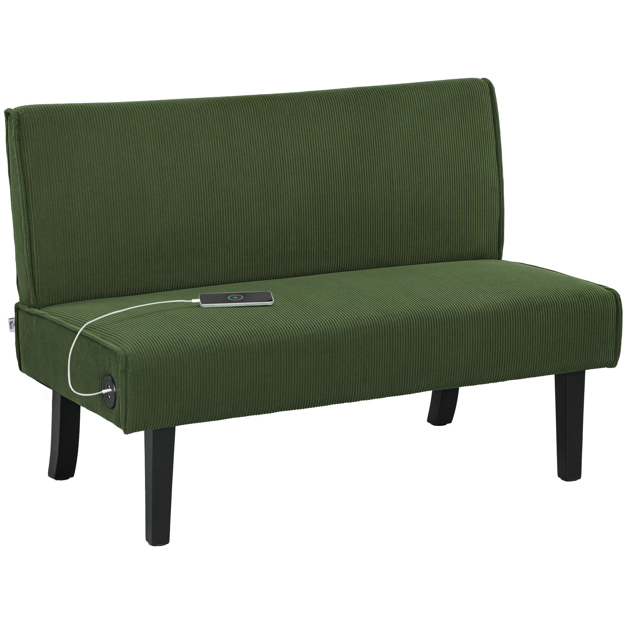 HOMCOM 46.5" Loveseat with USB/USB-C Ports, Modern Love Seat with Rubber Wood Legs, Corduroy 2 Seater Sofa Couch for Living Room, Bedroom, Home Office, Small Space, Green