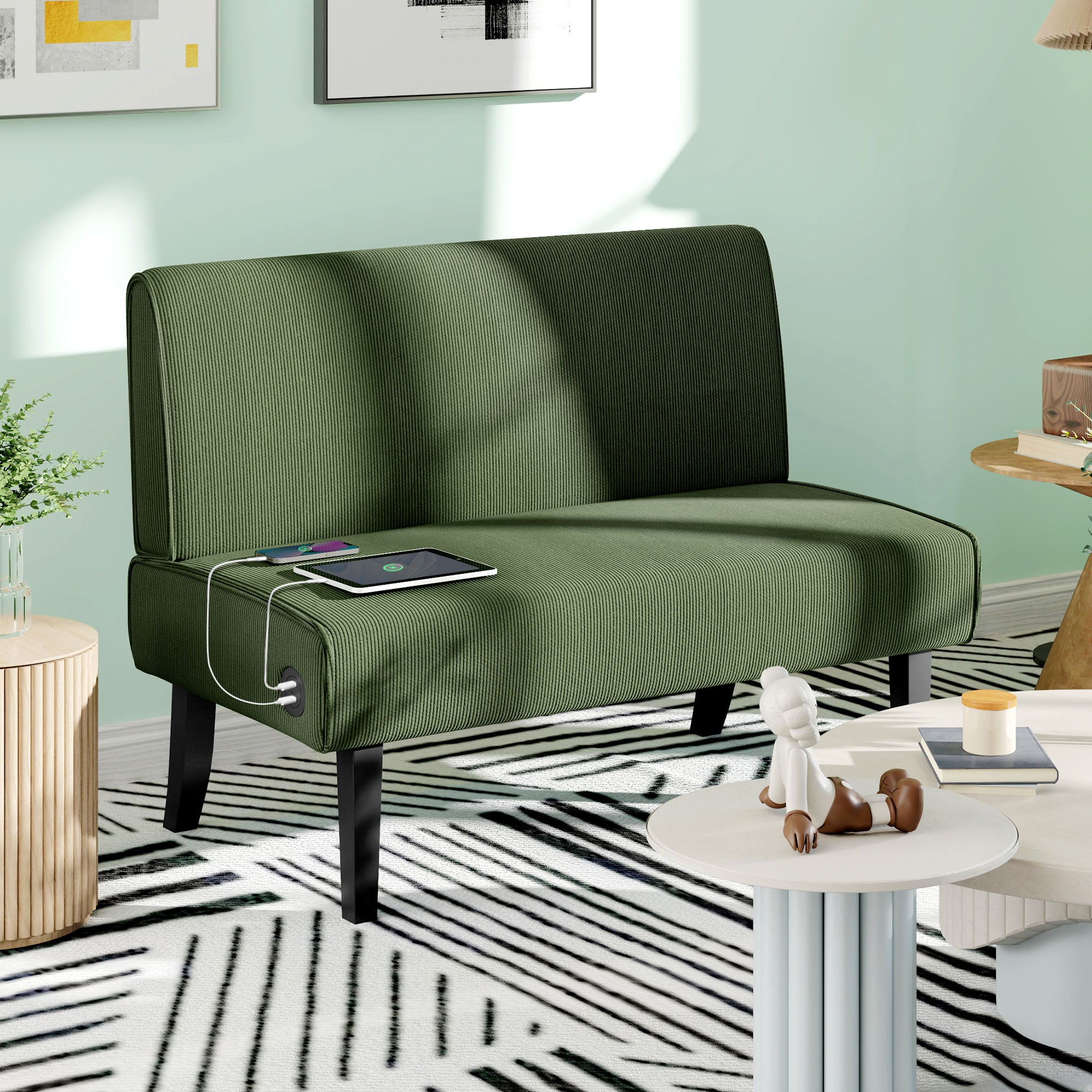 HOMCOM 46.5" Loveseat with USB/USB-C Ports, Modern Love Seat with Rubber Wood Legs, Corduroy 2 Seater Sofa Couch for Living Room, Bedroom, Home Office, Small Space, Green