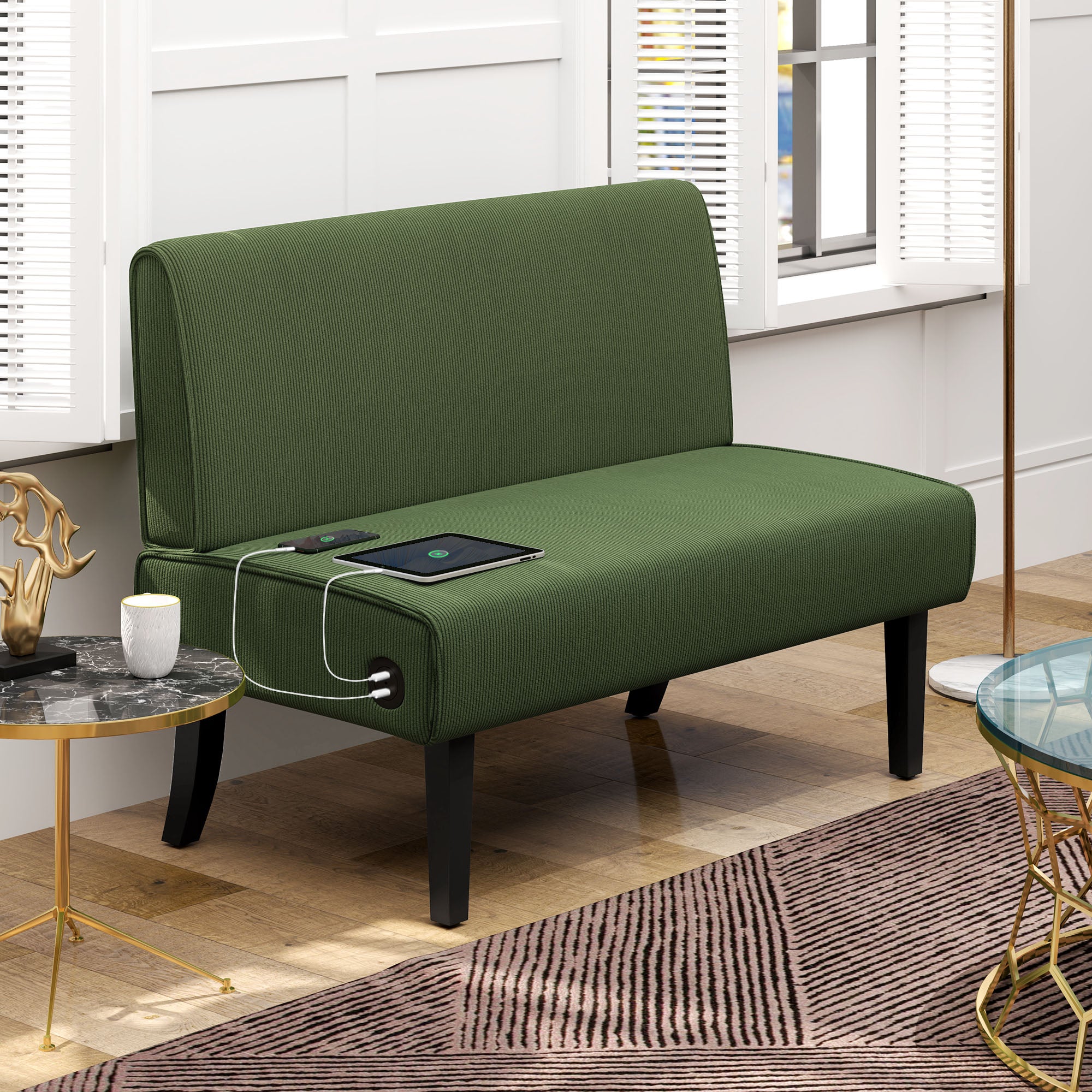 HOMCOM 46.5" Loveseat with USB/USB-C Ports, Modern Love Seat with Rubber Wood Legs, Corduroy 2 Seater Sofa Couch for Living Room, Bedroom, Home Office, Small Space, Green