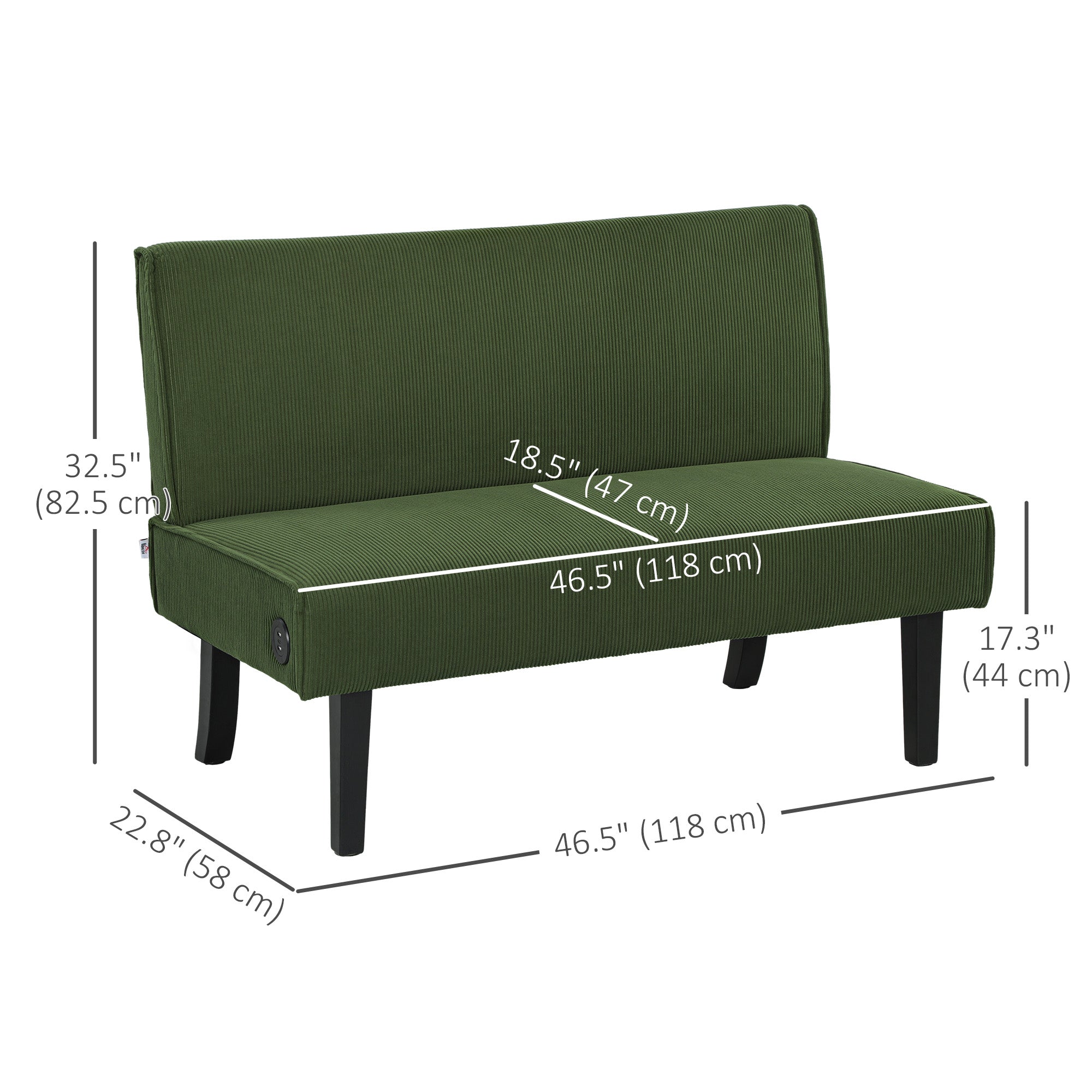 HOMCOM 46.5" Loveseat with USB/USB-C Ports, Modern Love Seat with Rubber Wood Legs, Corduroy 2 Seater Sofa Couch for Living Room, Bedroom, Home Office, Small Space, Green