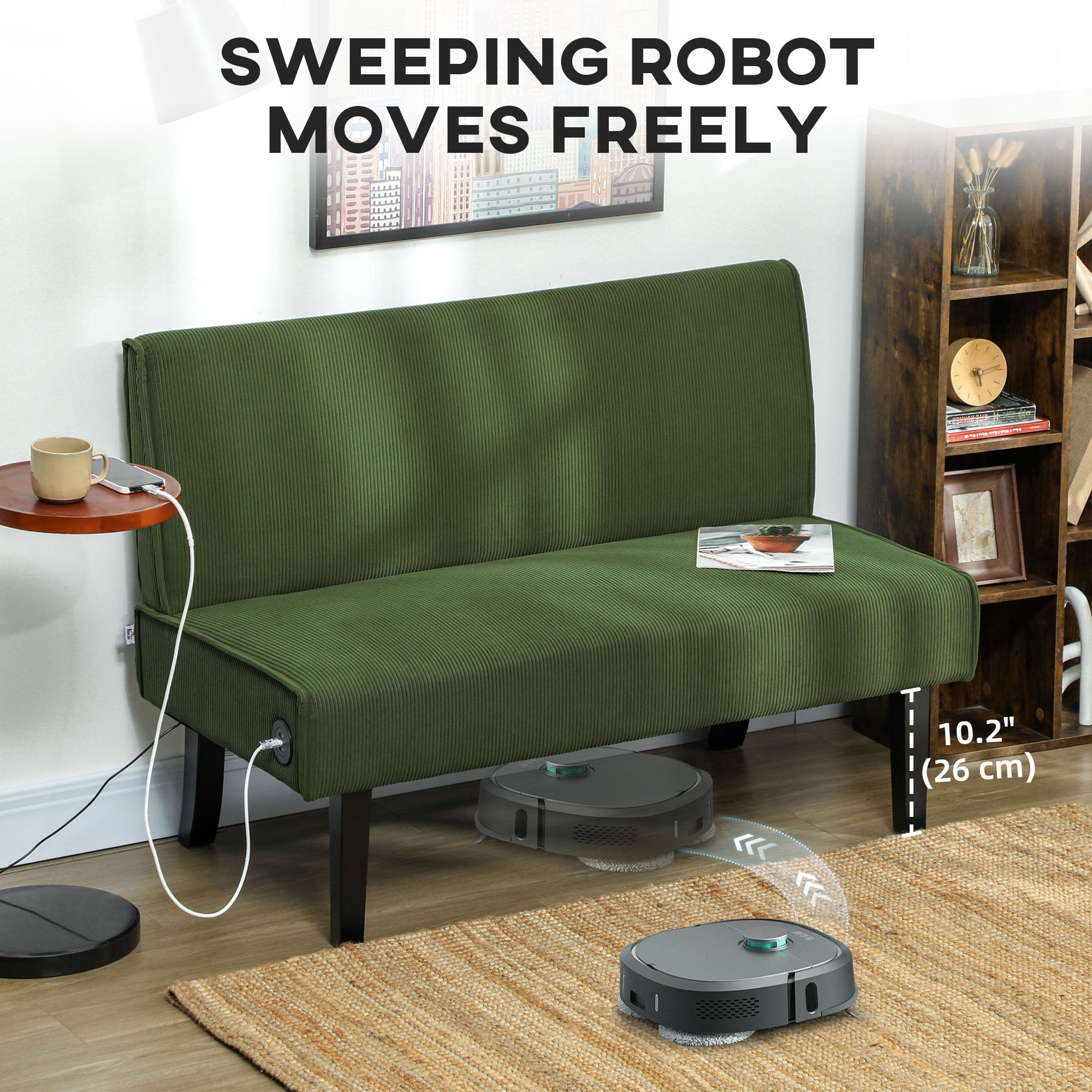 HOMCOM 46.5" Loveseat with USB/USB-C Ports, Modern Love Seat with Rubber Wood Legs, Corduroy 2 Seater Sofa Couch for Living Room, Bedroom, Home Office, Small Space, Green