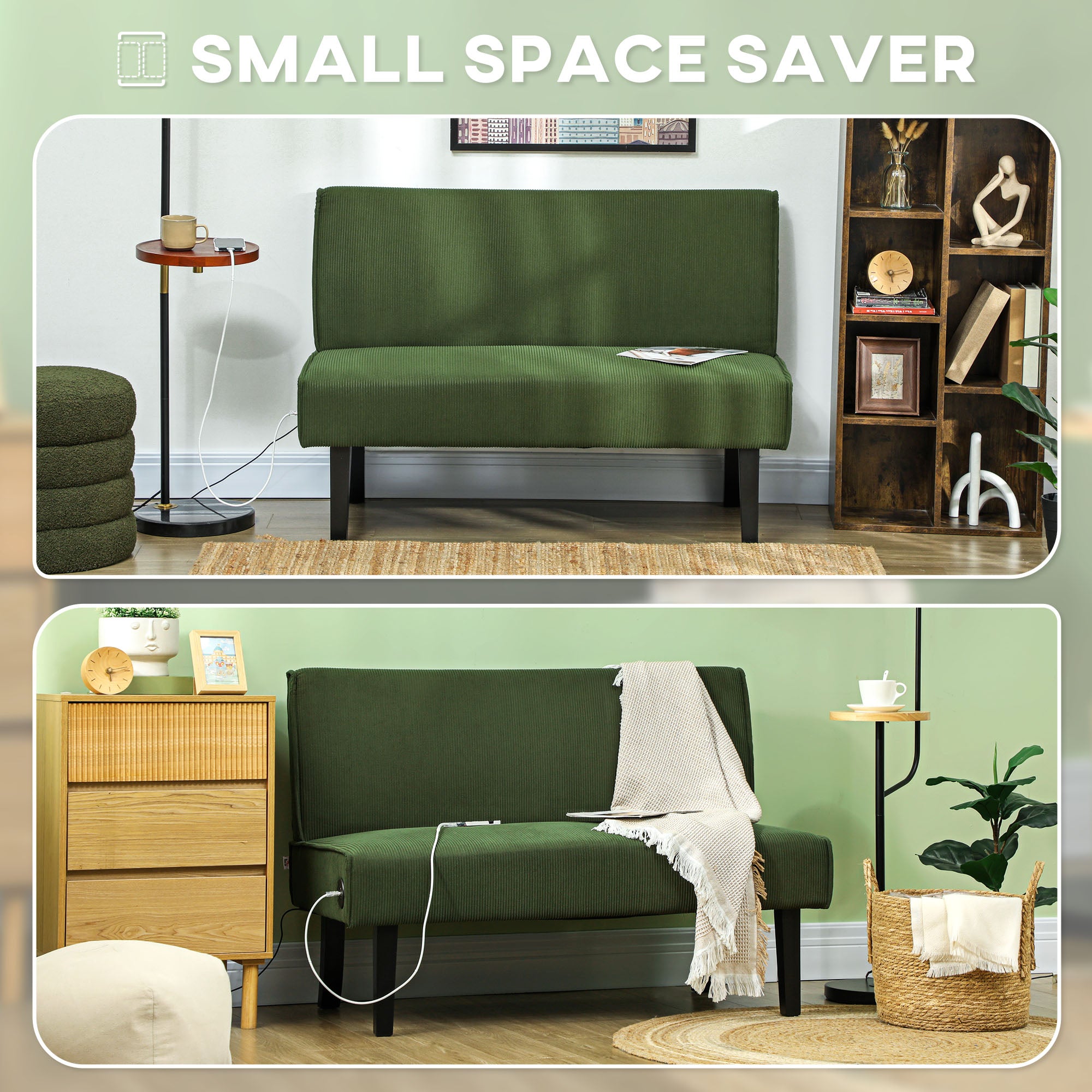 HOMCOM 46.5" Loveseat with USB/USB-C Ports, Modern Love Seat with Rubber Wood Legs, Corduroy 2 Seater Sofa Couch for Living Room, Bedroom, Home Office, Small Space, Green