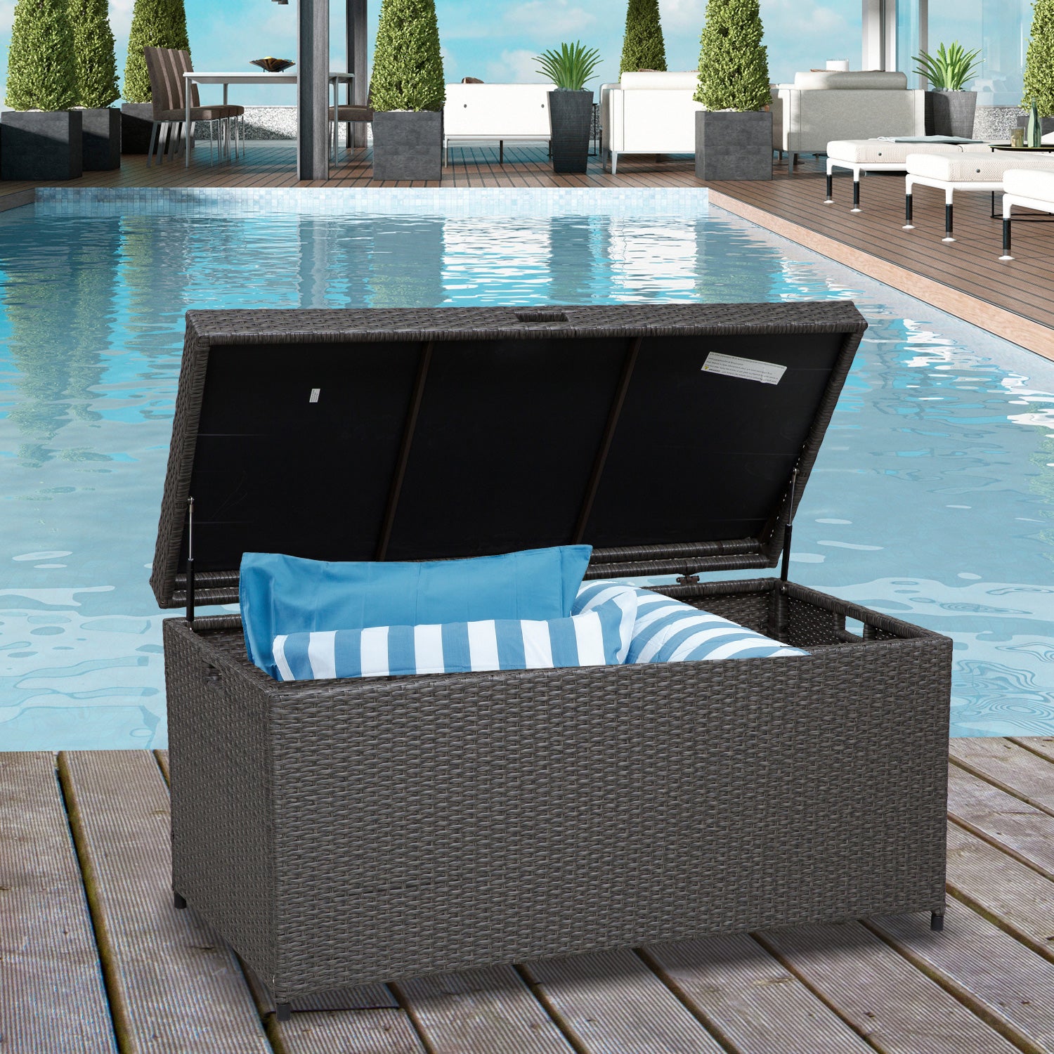 Outsunny Wicker Deck Box, 118 Gallon PE Rattan Outdoor Storage Box with Plastic Top Lid and Handles for Indoor, Patio Furniture Cushions, Pool Essentials, Garden Tools, Grey