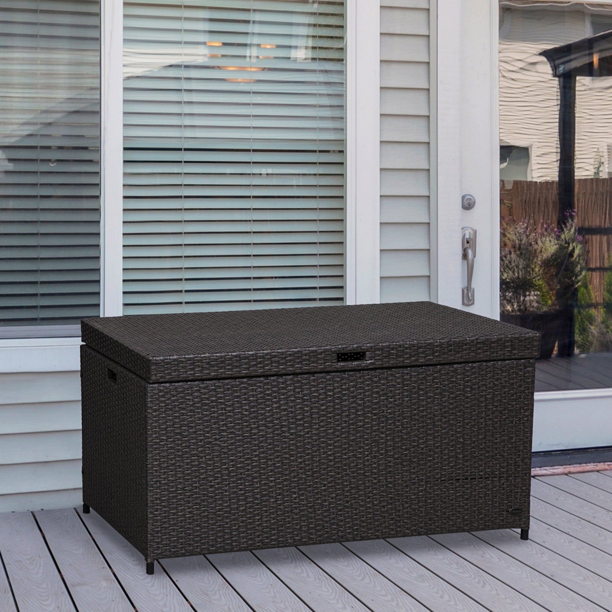 Outsunny Wicker Deck Box, 118 Gallon PE Rattan Outdoor Storage Box with Plastic Top Lid and Handles for Indoor, Patio Furniture Cushions, Pool Essentials, Garden Tools, Grey
