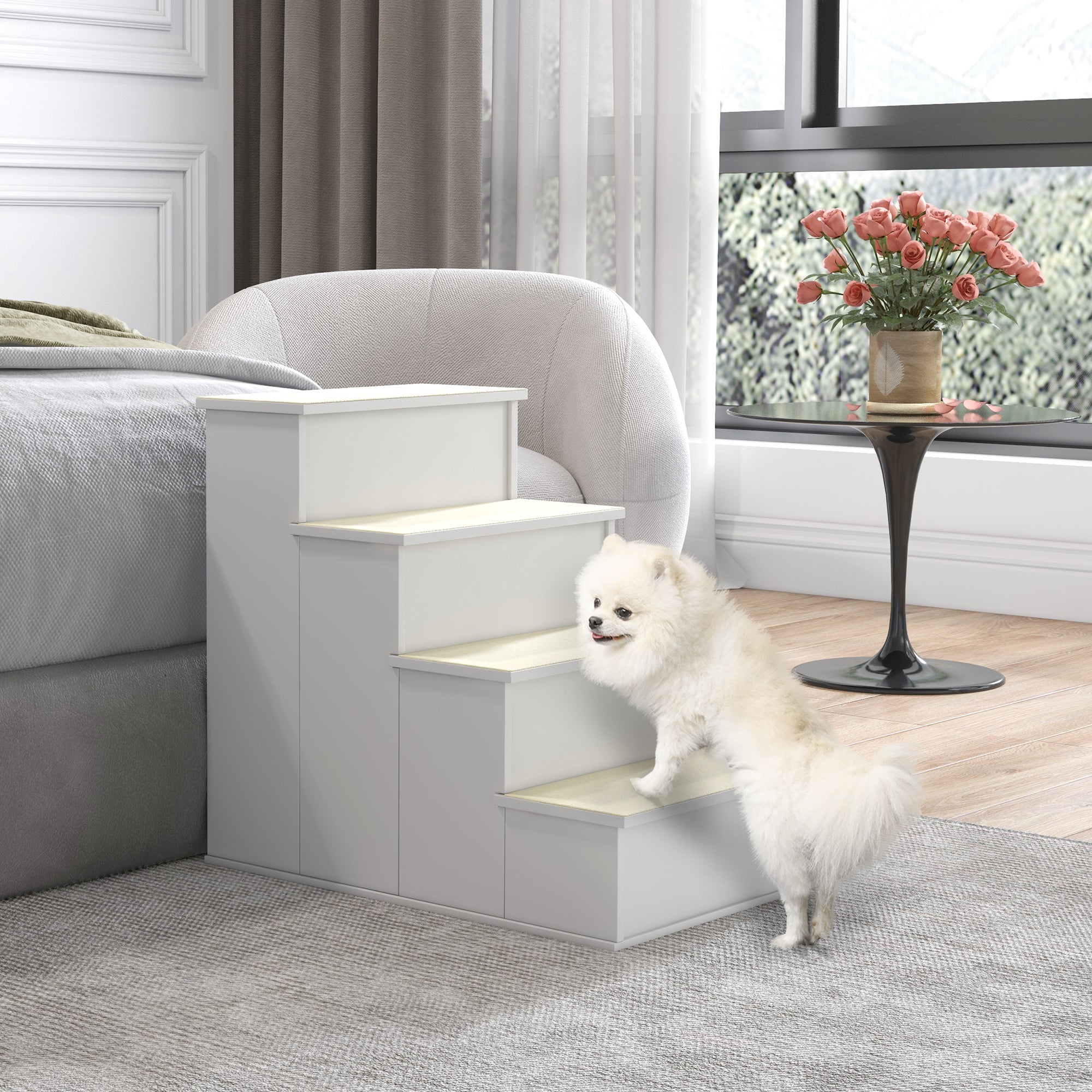 PawHut Pet Stairs Dog Steps for High Bed, 4 Levels Dog Stairs for Car, Wooden Cat Ladder with Non-Slip Carpet, 15.7" L x 23.2" W x 21.3" H, White