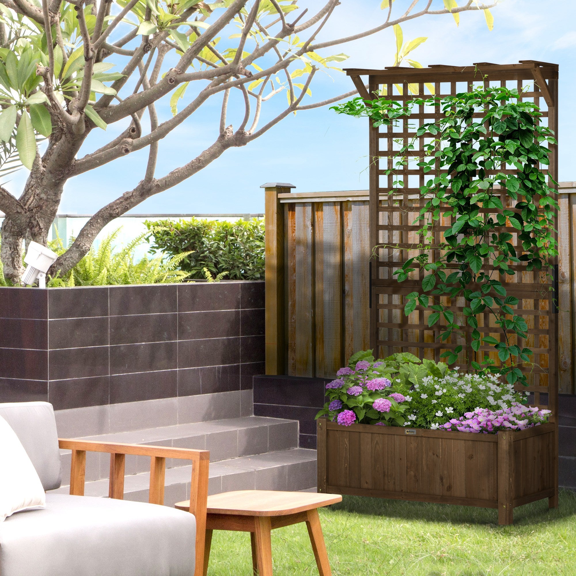 Outsunny Raised Garden Bed, Wood Planter with Trellis for Vine Climbing, Privacy Screen Planter Box to Grow Vegetables, Herbs, and Flowers for Backyard, Patio, Deck, Coffee