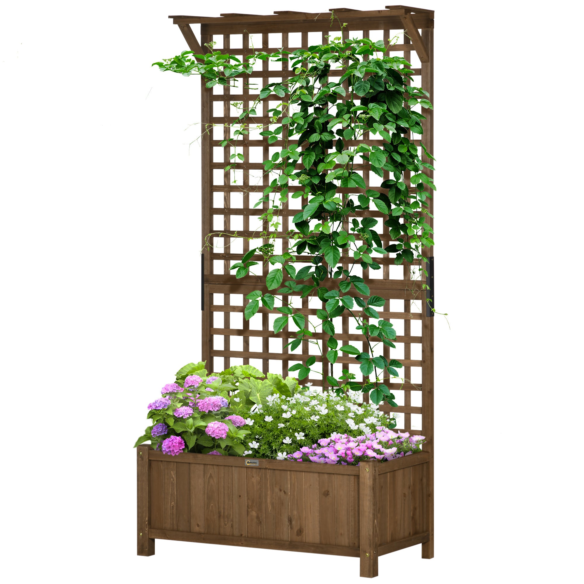 Outsunny Raised Garden Bed, Wood Planter with Trellis for Vine Climbing, Privacy Screen Planter Box to Grow Vegetables, Herbs, and Flowers for Backyard, Patio, Deck, Coffee