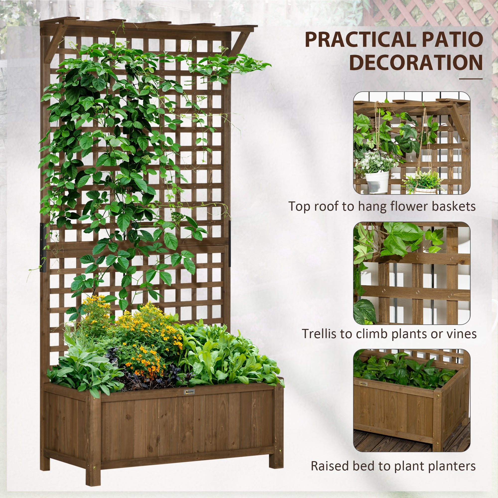 Outsunny Raised Garden Bed, Wood Planter with Trellis for Vine Climbing, Privacy Screen Planter Box to Grow Vegetables, Herbs, and Flowers for Backyard, Patio, Deck, Coffee