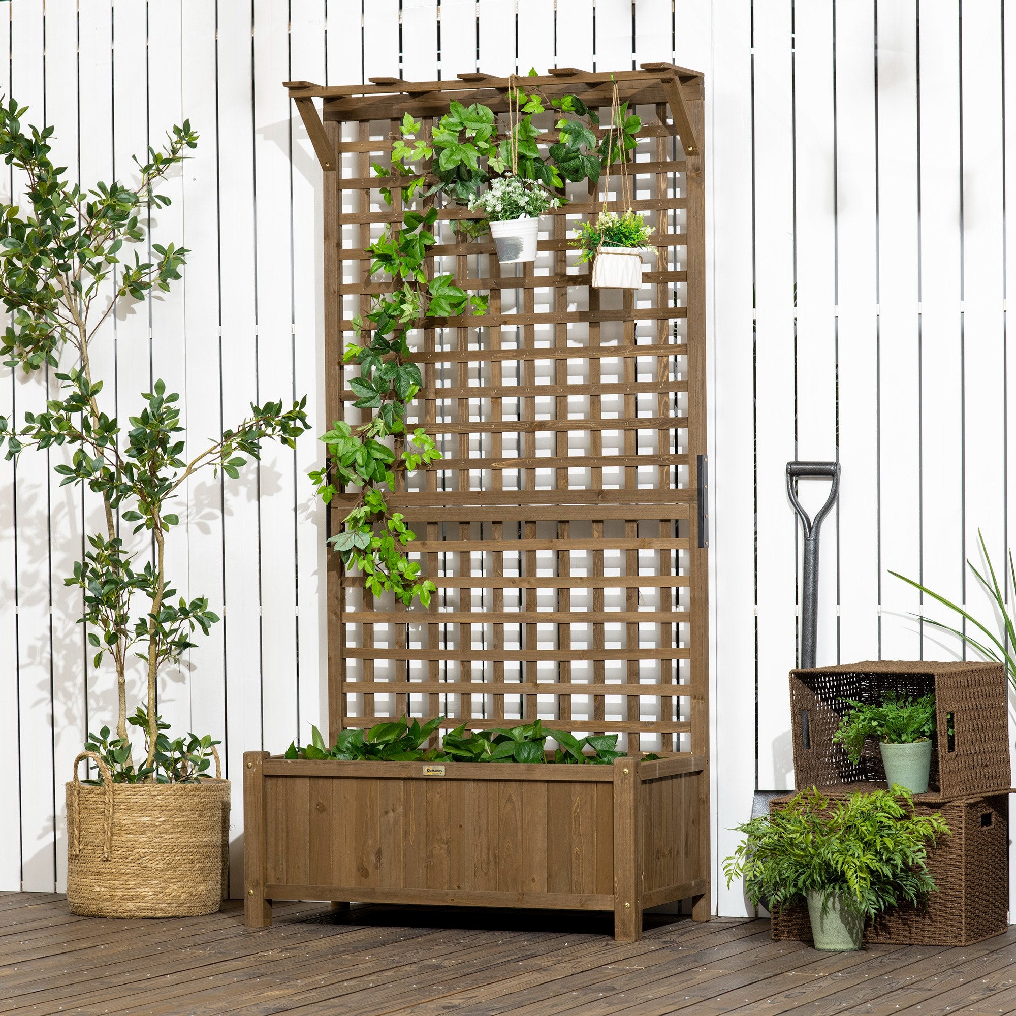 Outsunny Raised Garden Bed, Wood Planter with Trellis for Vine Climbing, Privacy Screen Planter Box to Grow Vegetables, Herbs, and Flowers for Backyard, Patio, Deck, Coffee