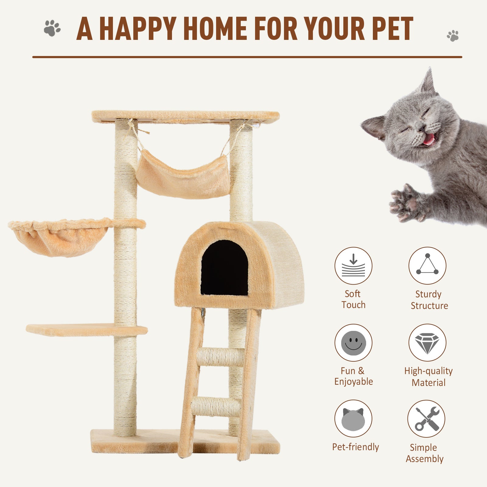 PawHut 39” Deluxe Cat Scratching Tree Kitten Condo Play House Pet Scratcher Multi-level Tower Kitty Furniture with Hammock