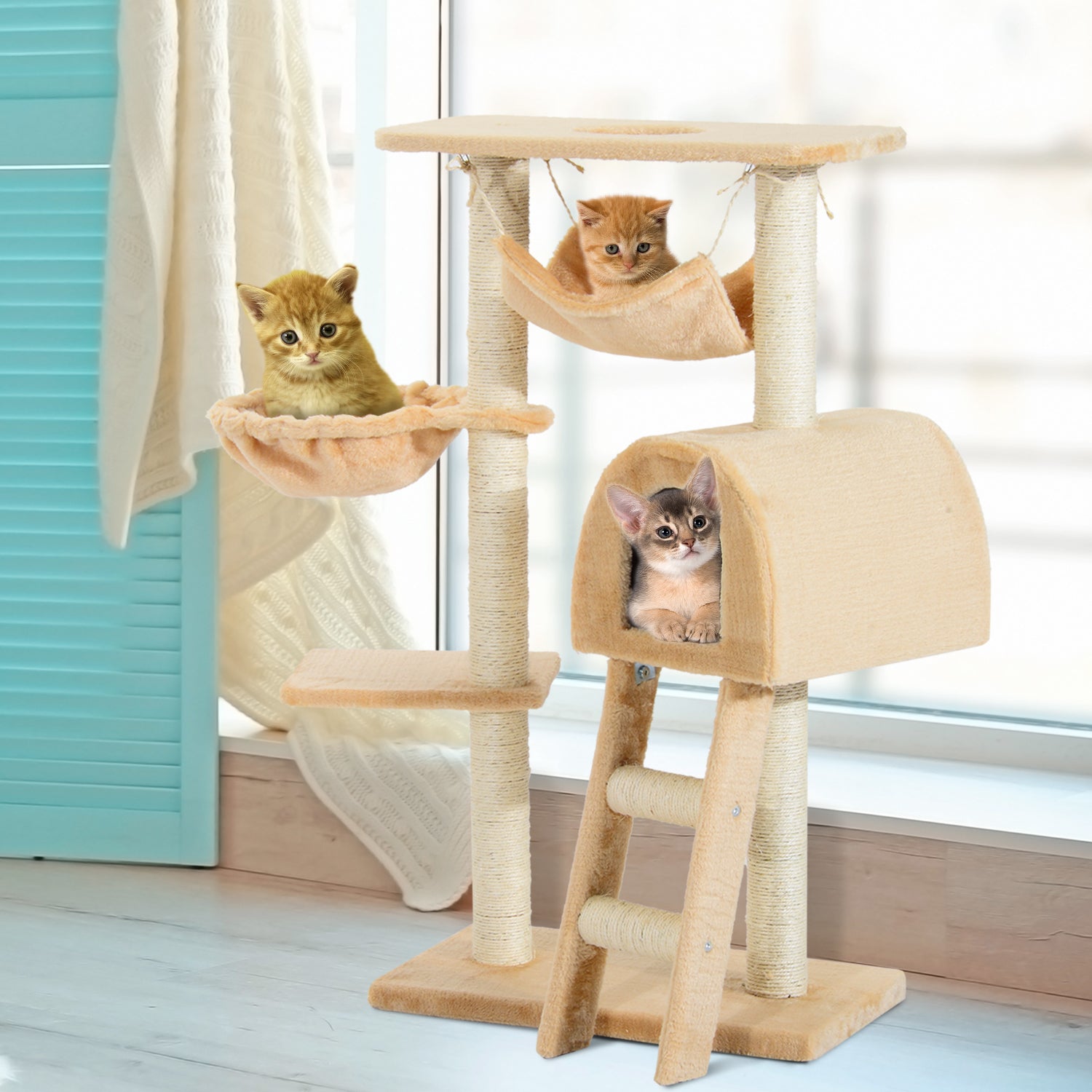PawHut 39” Deluxe Cat Scratching Tree Kitten Condo Play House Pet Scratcher Multi-level Tower Kitty Furniture with Hammock