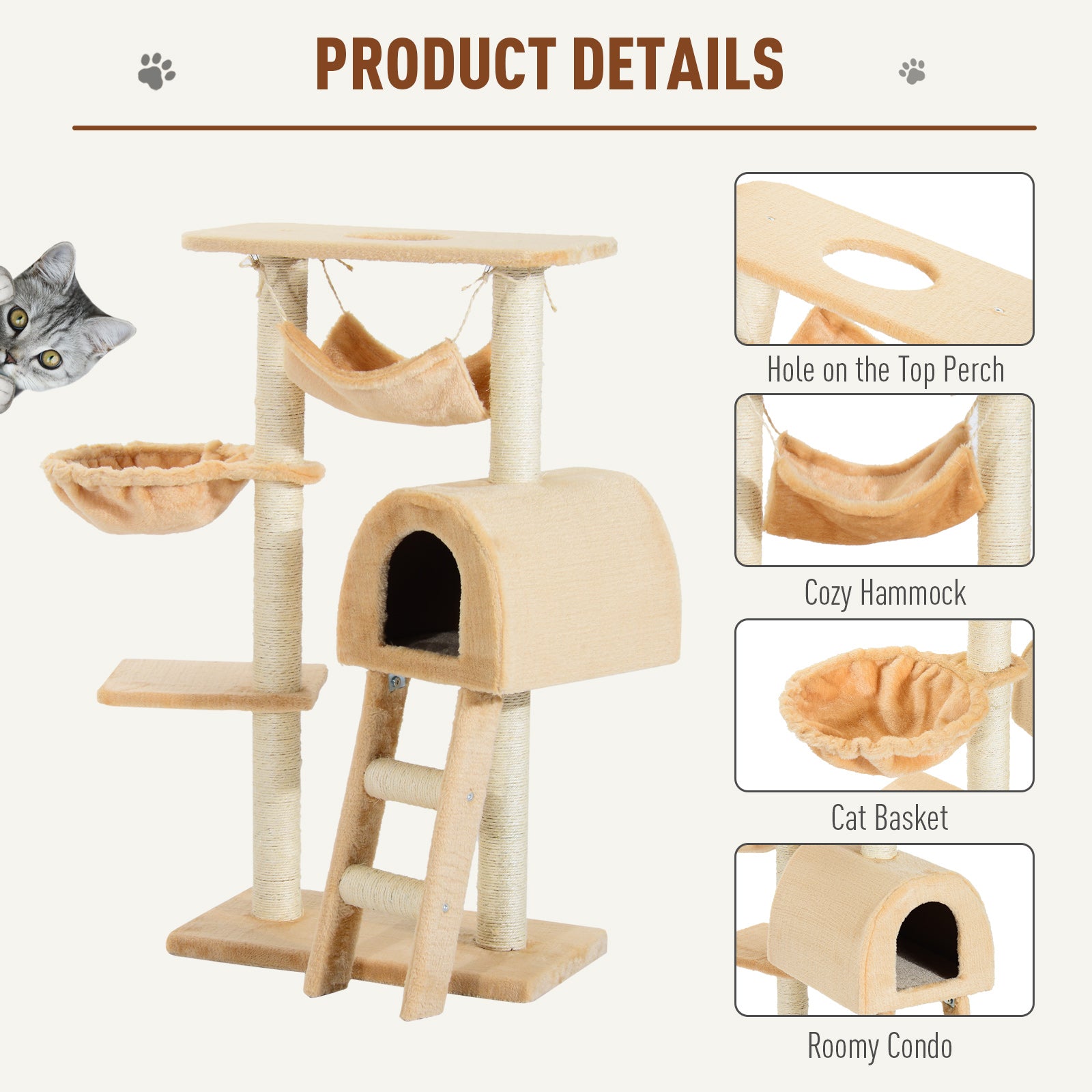 PawHut 39” Deluxe Cat Scratching Tree Kitten Condo Play House Pet Scratcher Multi-level Tower Kitty Furniture with Hammock