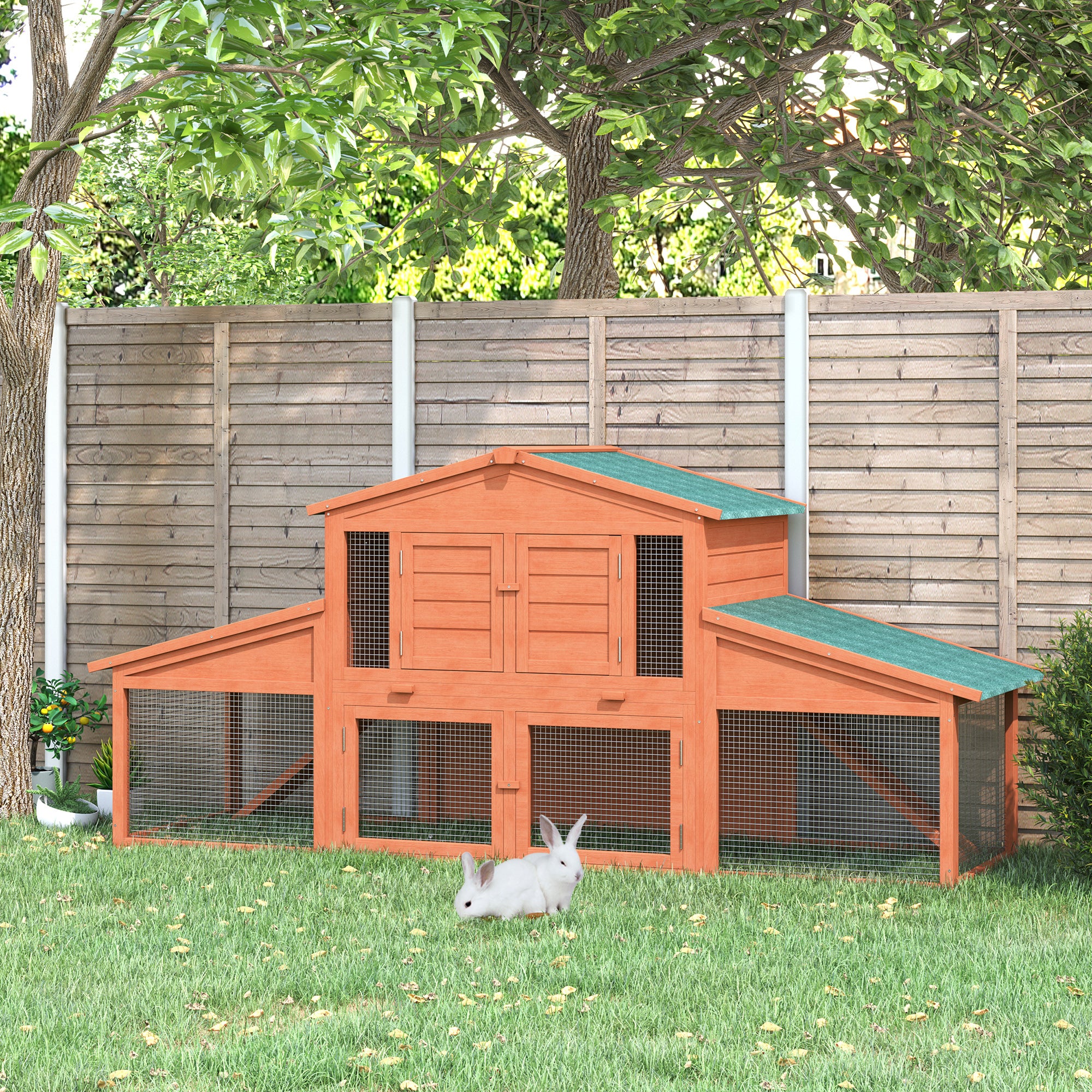 PawHut 88.5" x 27.5" x 39.25" Deluxe Wooden Rabbit Hutch Backyard Bunny Cage Small Animal Living House with Outdoor Run, Orange