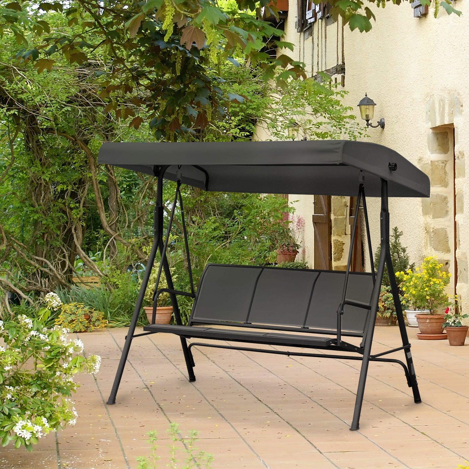 Outsunny 3-Seater Porch Swing Chair, Covered Garden Hammock, A-Frame Outdoor Swing, Porch Glider Sling Seat w/Adjustable Canopy Cover Weather Resistant Black
