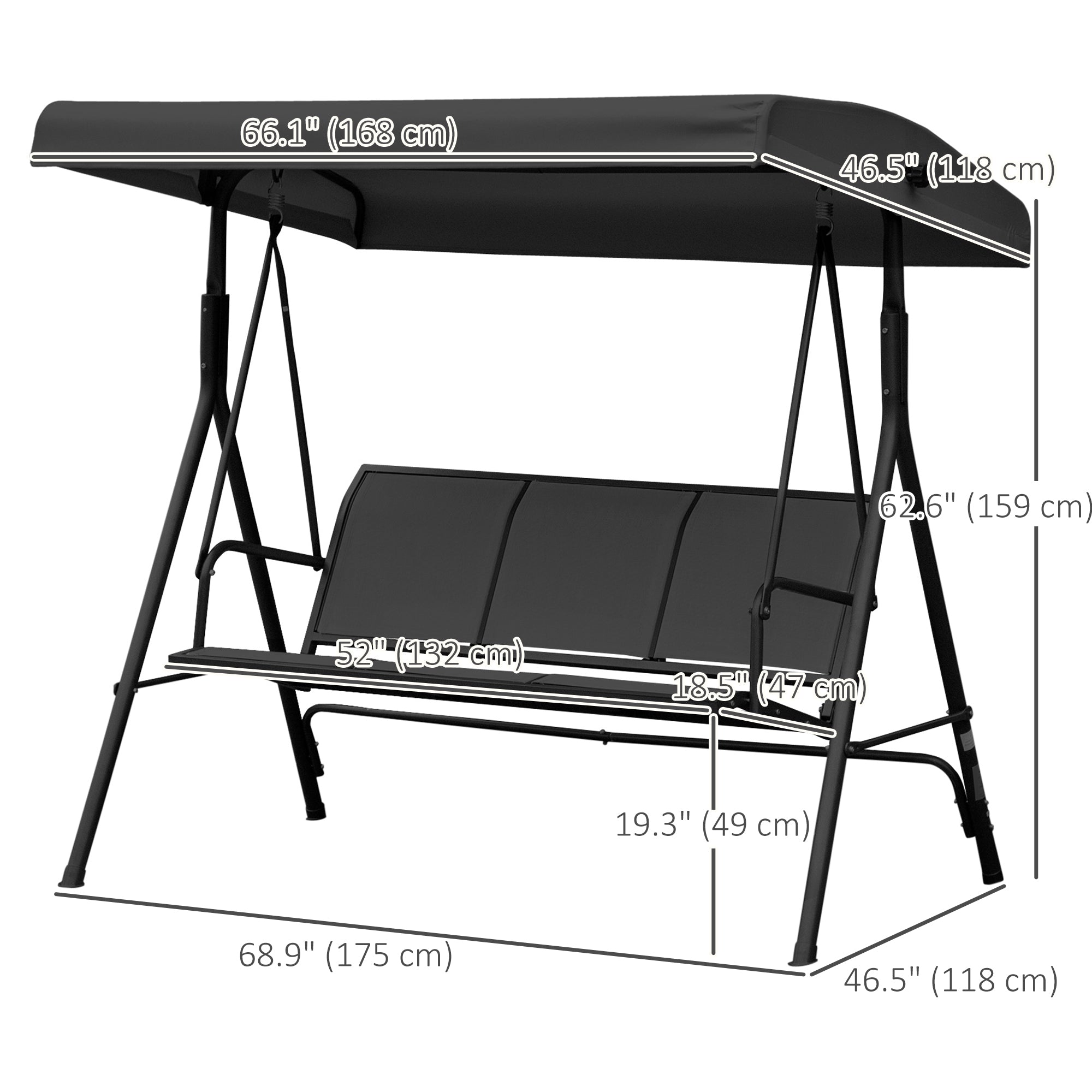 Outsunny 3-Seater Porch Swing Chair, Covered Garden Hammock, A-Frame Outdoor Swing, Porch Glider Sling Seat w/Adjustable Canopy Cover Weather Resistant Black