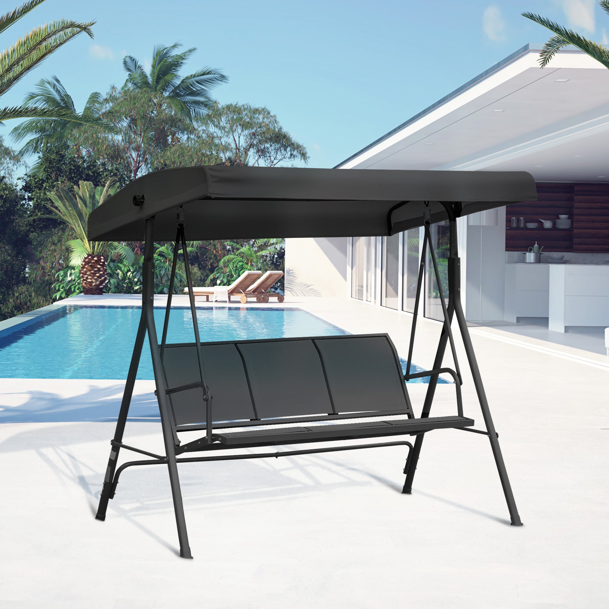 Outsunny 3-Seater Porch Swing Chair, Covered Garden Hammock, A-Frame Outdoor Swing, Porch Glider Sling Seat w/Adjustable Canopy Cover Weather Resistant Black