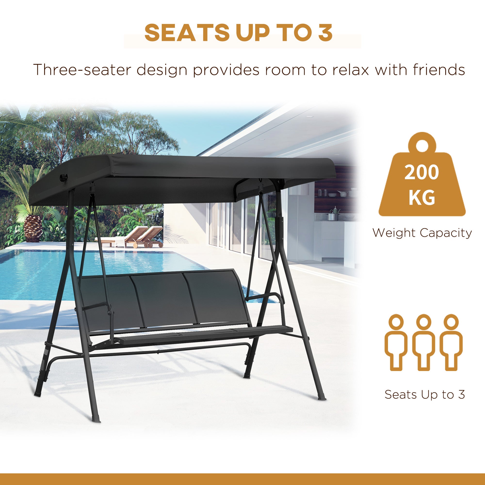 Outsunny 3-Seater Porch Swing Chair, Covered Garden Hammock, A-Frame Outdoor Swing, Porch Glider Sling Seat w/Adjustable Canopy Cover Weather Resistant Black