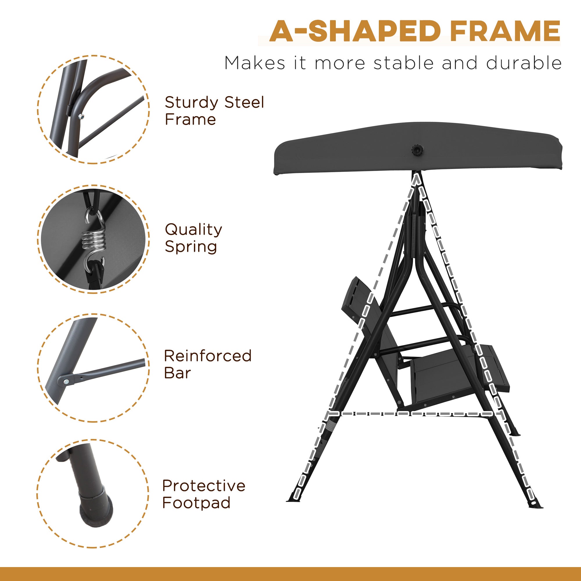 Outsunny 3-Seater Porch Swing Chair, Covered Garden Hammock, A-Frame Outdoor Swing, Porch Glider Sling Seat w/Adjustable Canopy Cover Weather Resistant Black
