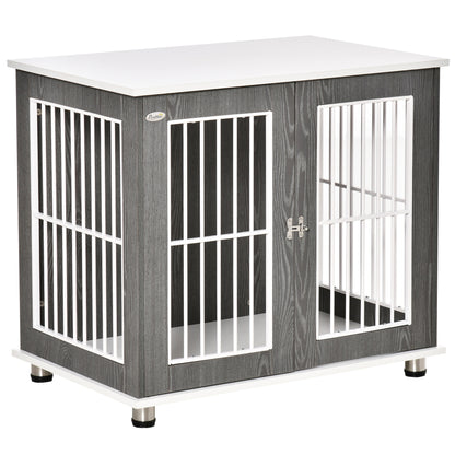 PawHut 34'' Wooden Dog Cage, Modern Wire Dog Crate, Pet Kennel with Door, Lock, Adjustable Foot Pads, for Small and Medium Dogs, Grey and White
