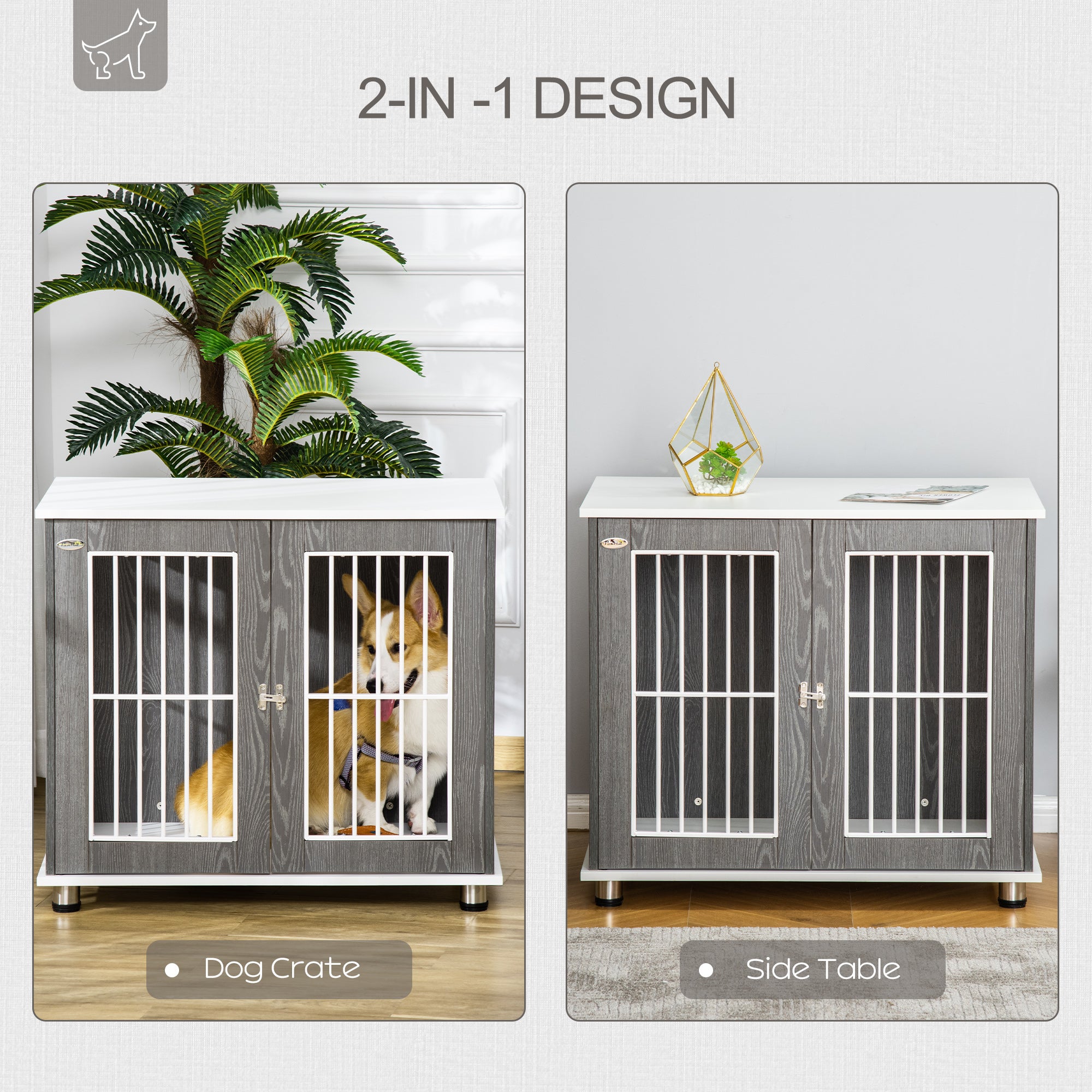 PawHut 34'' Wooden Dog Cage, Modern Wire Dog Crate, Pet Kennel with Door, Lock, Adjustable Foot Pads, for Small and Medium Dogs, Grey and White