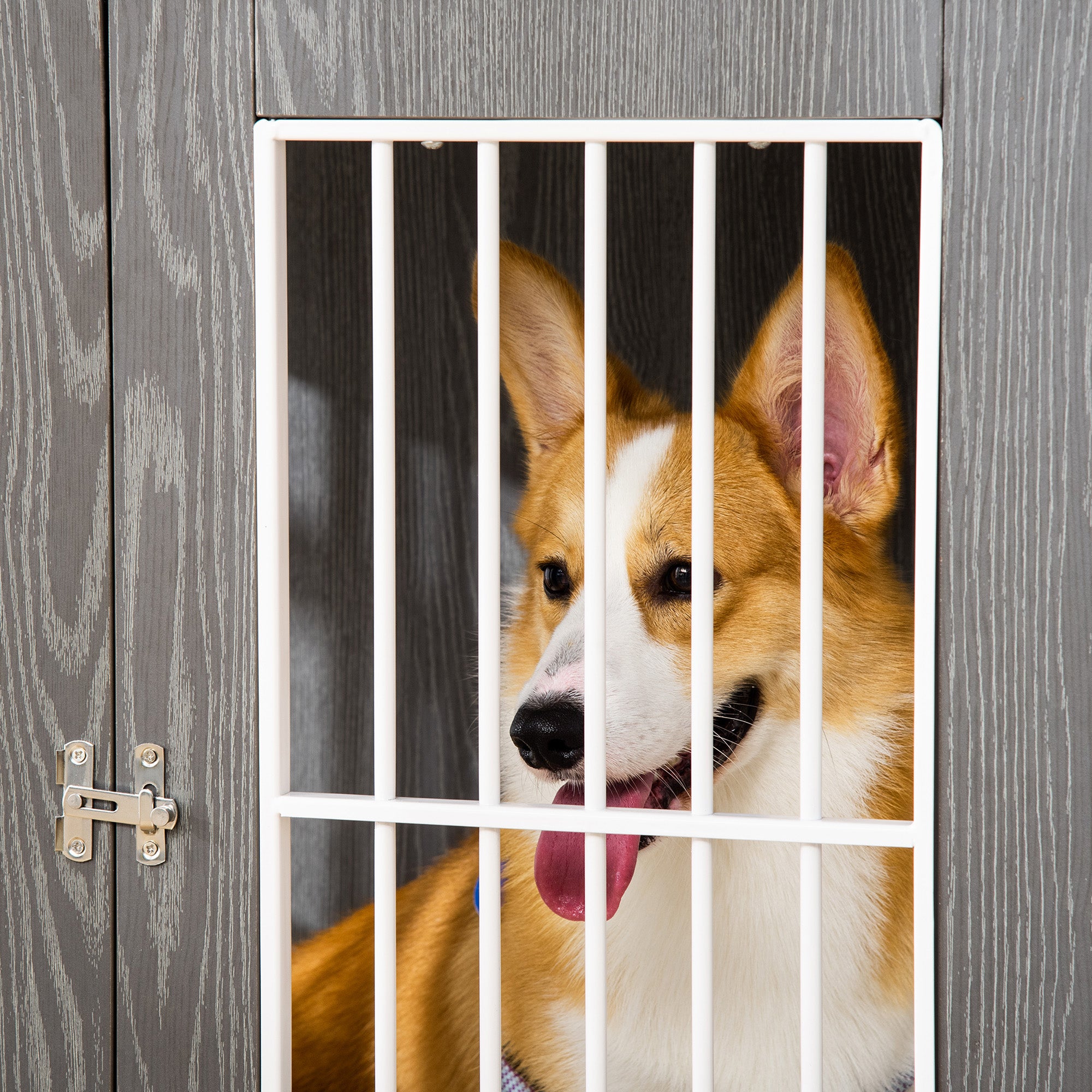 PawHut 34'' Wooden Dog Cage, Modern Wire Dog Crate, Pet Kennel with Door, Lock, Adjustable Foot Pads, for Small and Medium Dogs, Grey and White