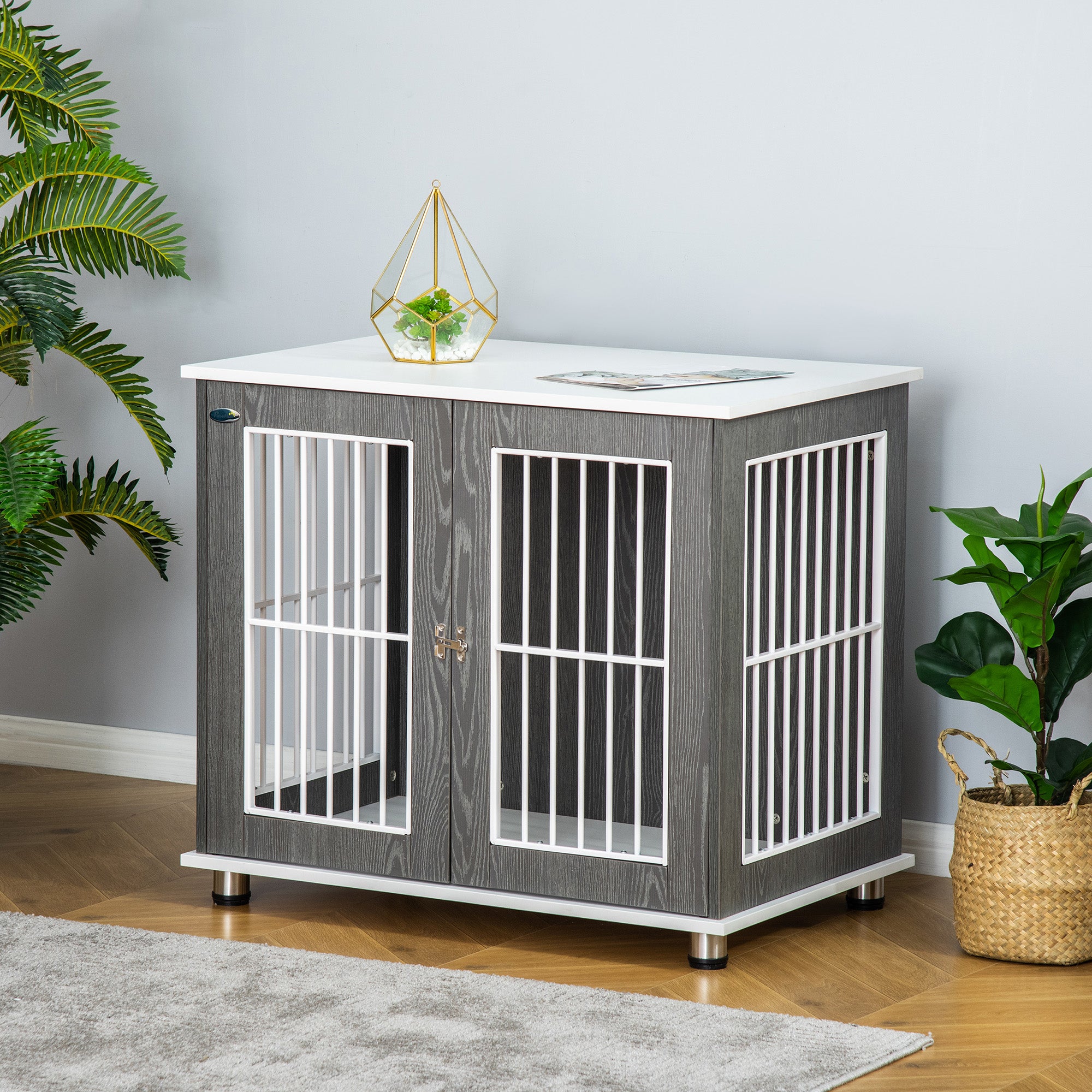 PawHut 34'' Wooden Dog Cage, Modern Wire Dog Crate, Pet Kennel with Door, Lock, Adjustable Foot Pads, for Small and Medium Dogs, Grey and White