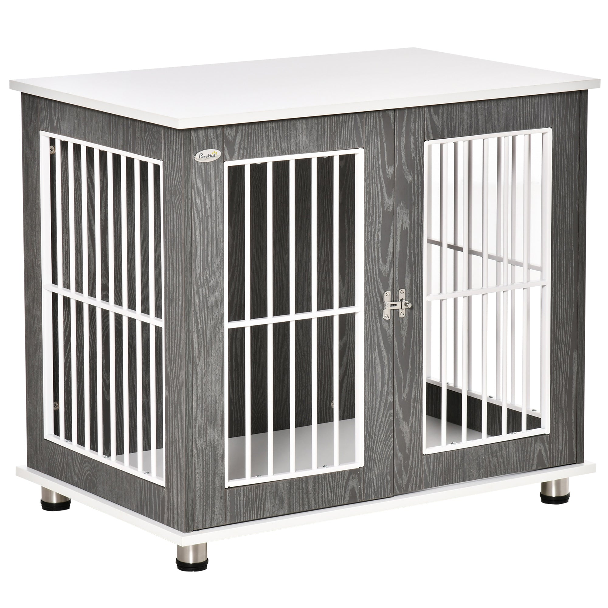 PawHut 34'' Wooden Dog Cage, Modern Wire Dog Crate, Pet Kennel with Door, Lock, Adjustable Foot Pads, for Small and Medium Dogs, Grey and White