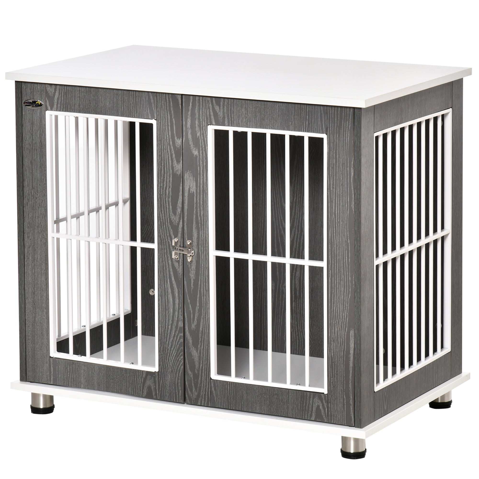 PawHut 34'' Wooden Dog Cage, Modern Wire Dog Crate, Pet Kennel with Door, Lock, Adjustable Foot Pads, for Small and Medium Dogs, Grey and White