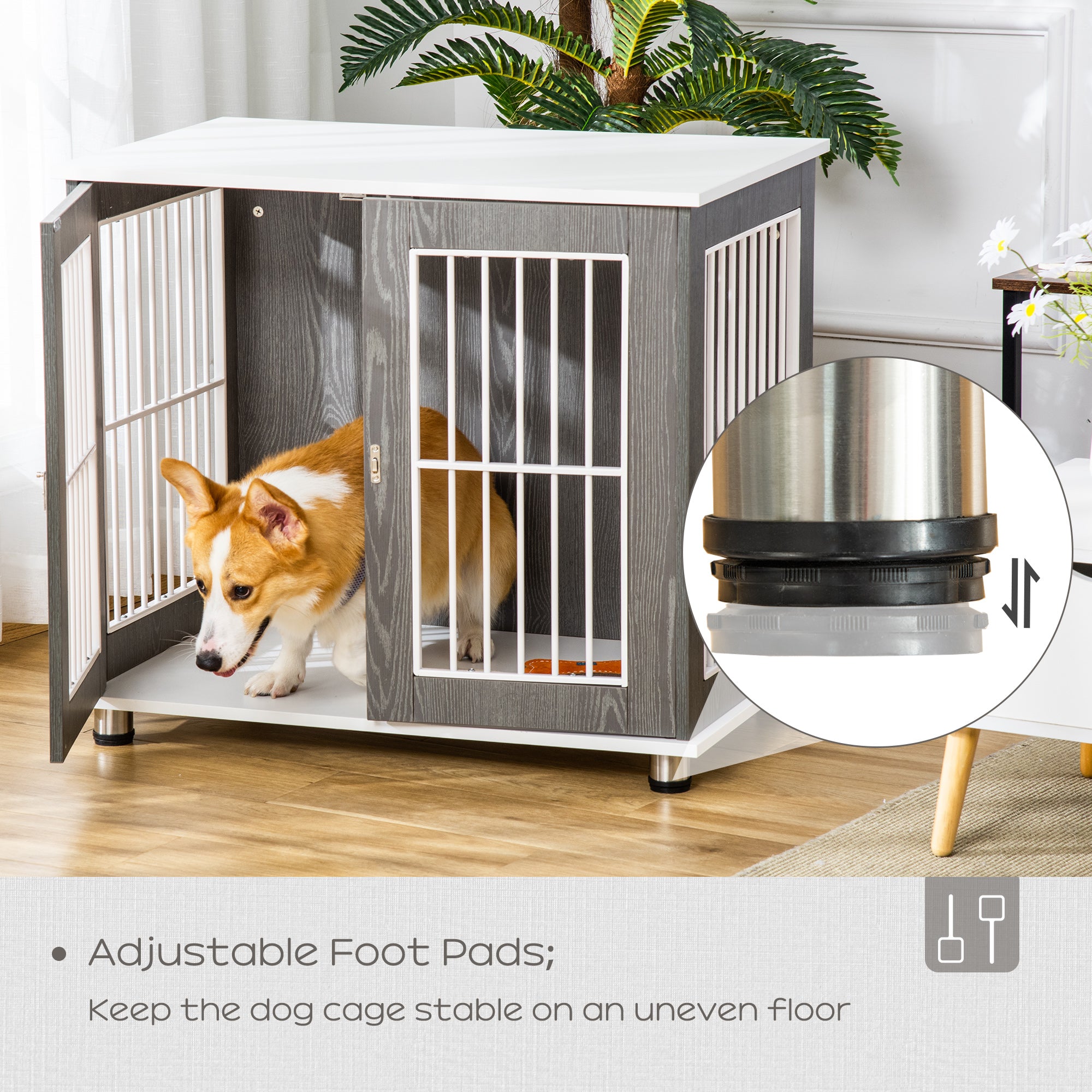 PawHut 34'' Wooden Dog Cage, Modern Wire Dog Crate, Pet Kennel with Door, Lock, Adjustable Foot Pads, for Small and Medium Dogs, Grey and White